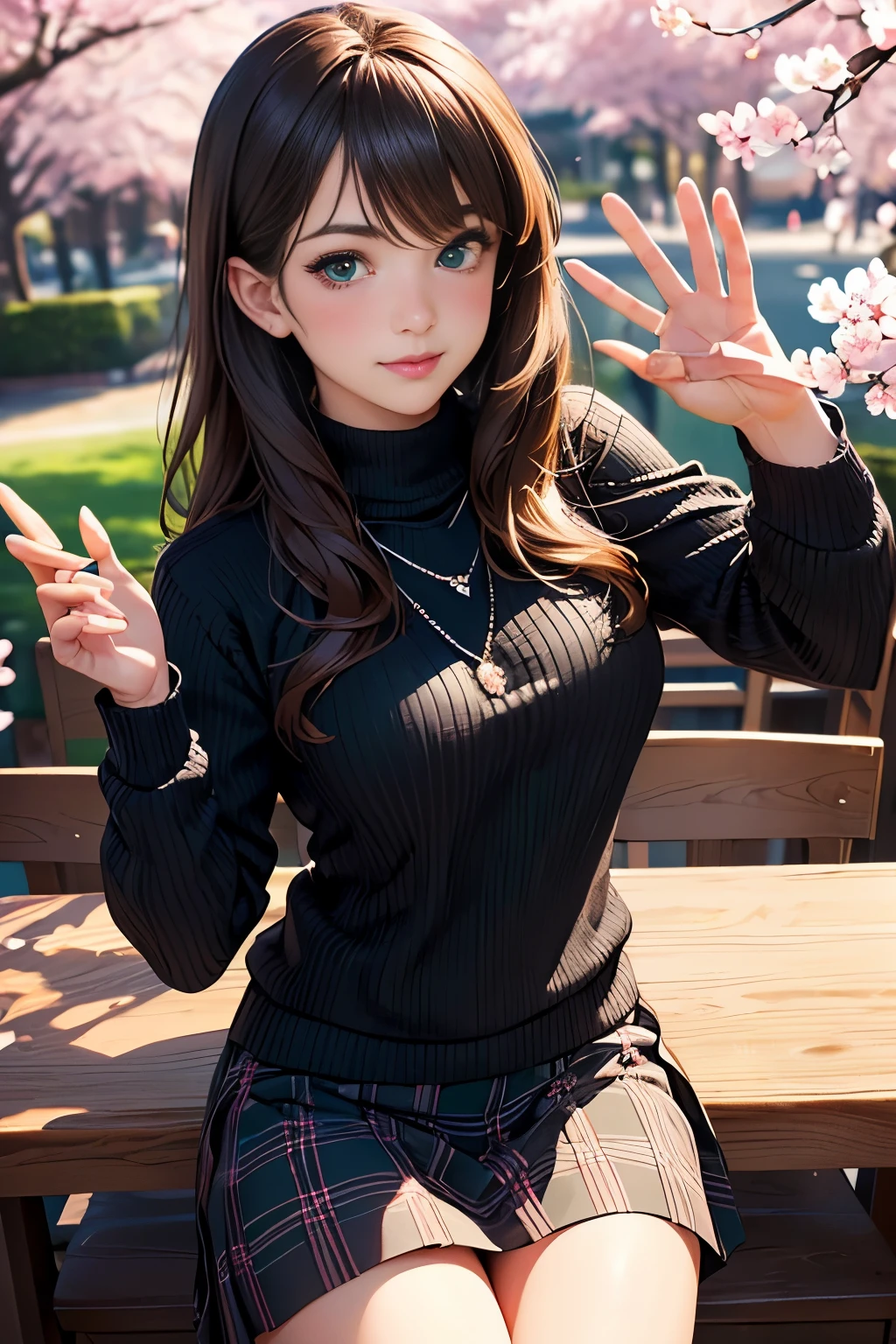 ((table top, highest quality, High resolution, nffsw, perfect pixel, written boundary depth, 4K, nffsw, nffsw))), 1 girl, single, alone, beautiful anime girl, beautiful art style, anime character, ((long hair, bangs, brown hair)), ((green eyes:1.4, round eyes, beautiful eyelashes, realistic eyes)), ((detailed face, blush:1.2)), ((smooth texture:0.75, realistic texture:0.65, realistic:1.1, Anime CG style)),  dynamic angle,  ((throw, Selfie Pose, portrait)), ((Black sweater, long sleeve, black skirt, plaid skirt, Fashionable, 1 diamond necklace)), smile,  amusement park, ((cherry blossoms, cherry blossomsの花が散る))