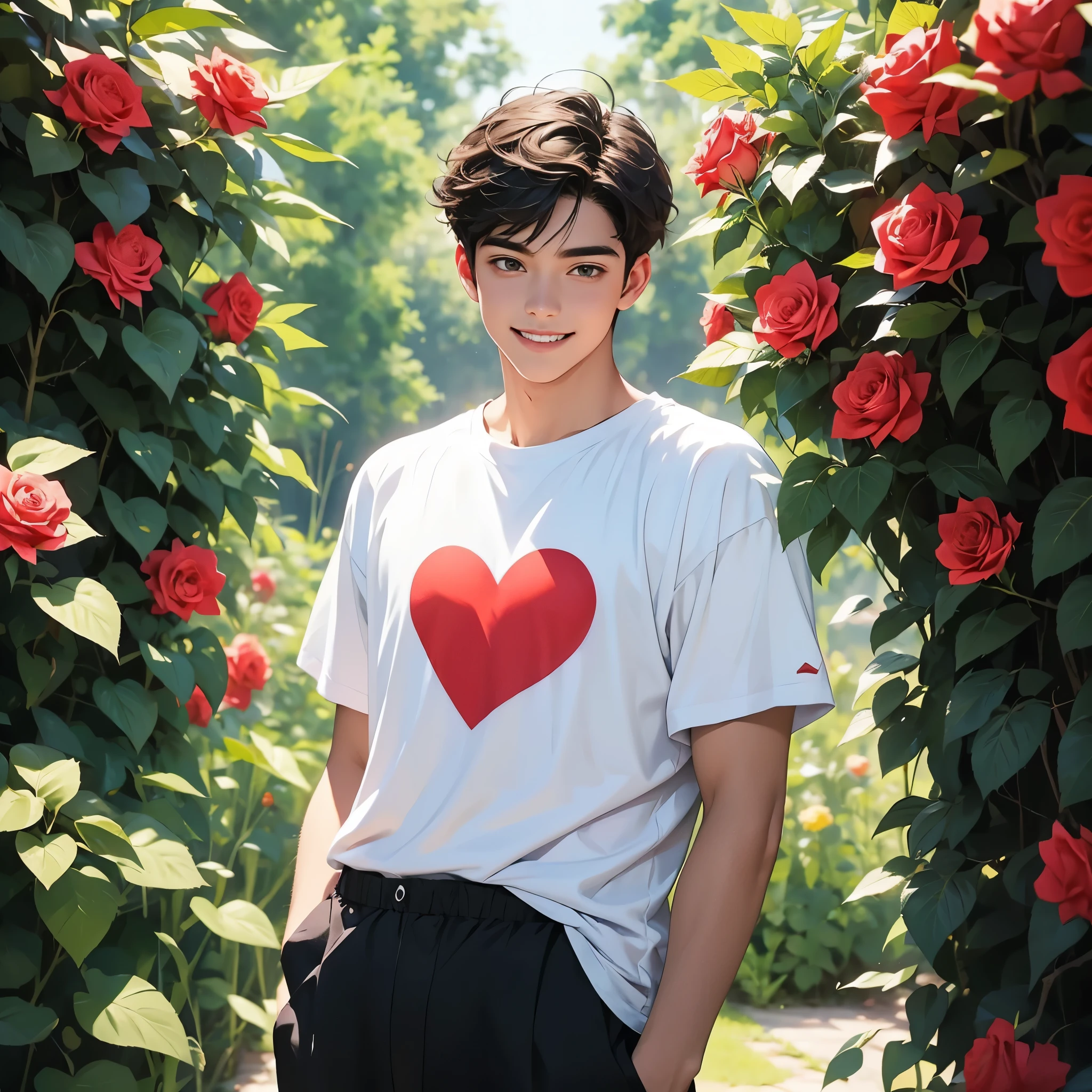 1 young man, Handsome , cute,smiling, focus, a lot of rose, valentine theme, rose garden, heart t-shirt , heart balloon