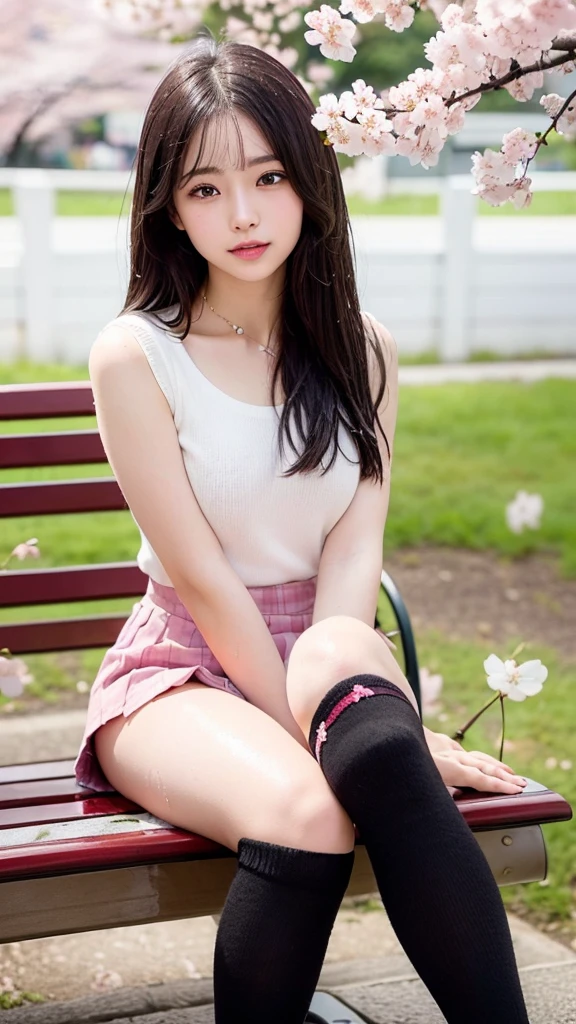 (masterpiece,highest quality,ultra high resolution),japanese woman, gal、とても美しい20歳のgirl, girl、Look at the photographer、(lip gloss)、(perfect limbs、small beautiful breasts、、Wet whole body、perfect ???????),(((beautiful hair、、)))、(((Sexy 、1.5,mini skirt、black knee socks、)))Melting face when seducing a man、sweet look、pure white、beautiful skin、Moist eyes、glitter hair、color of youth、gentle smile、double eyelid、(In a cherry blossom blizzard、sitting on the bench;;pat my neck.:1.6)、I'm crossing my legs、open the thighs、model pose