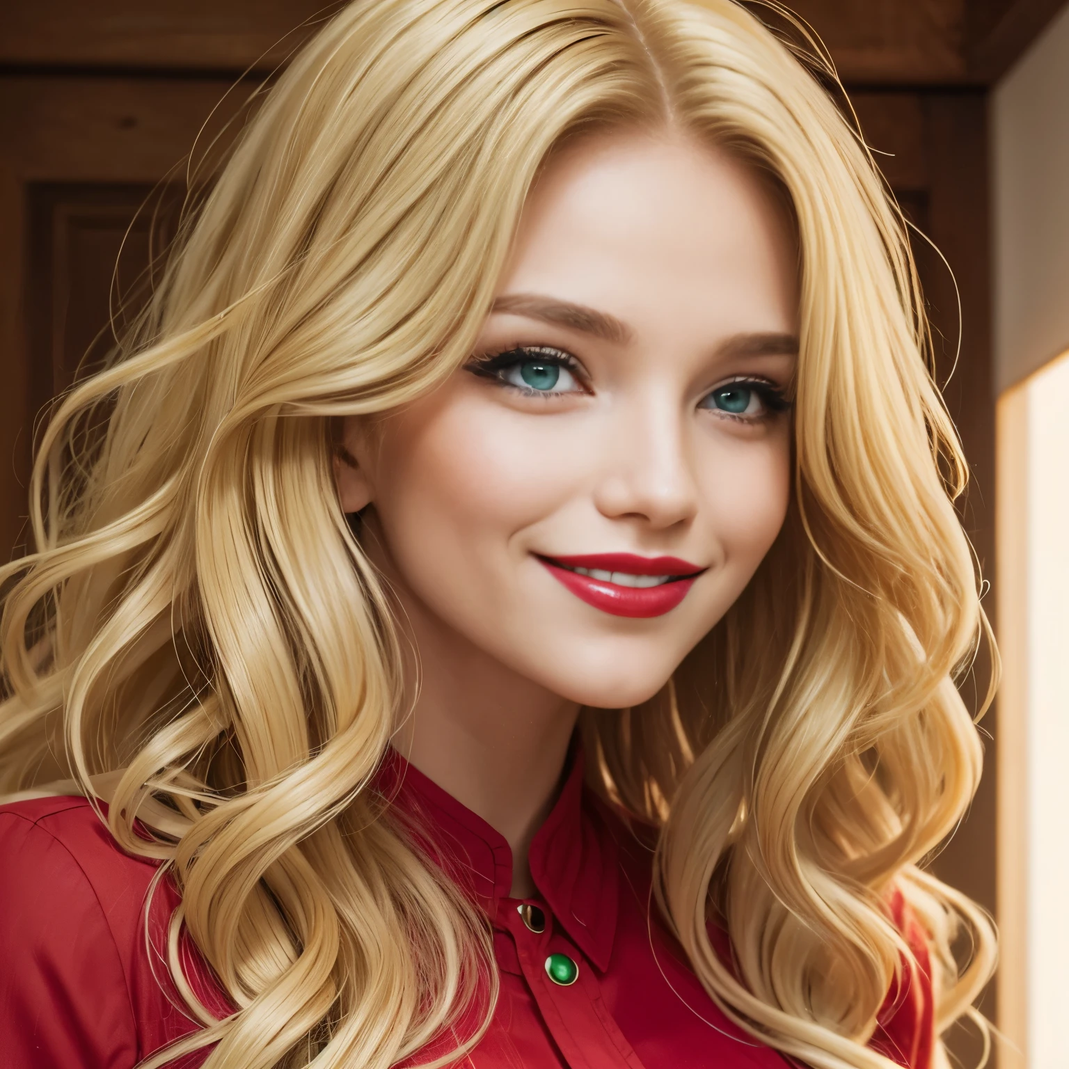 Caucasian woman, (blonde hair), wavy hair, long hair, outlined green eyes, red lipstick, smile.