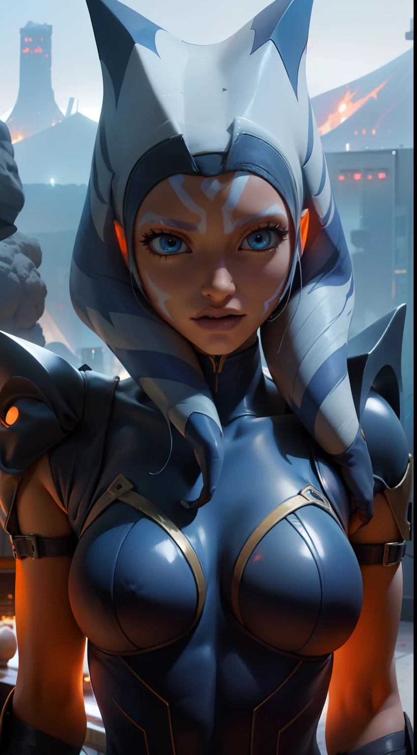 (masterpiece, La Best quality, ultra detailed), Asokatano bare chest, (Orange peel:1.2), Blue eyes, draw up, (blue shirt:1.2), thigh armor,(background giant stones volcano colors:1.4),(portrait shot, Upper body), Looking at the viewer,,More detailed 8K.unreal engine:1.4,UHD,La Best quality:1.4, photorealistic:1.4, skin texture:1.4, masterpiece:1.8,masterpiece, Best quality,Object], (detailed facial features:1.3),(Красивые Blue eyes), (Detailed beautiful fingers),(perfect anatomy),sexy pink underwear,(background city Tokyo cyberpunkAI colors:1.4) ,(Associated sexy),Clone Wars Ciudad,