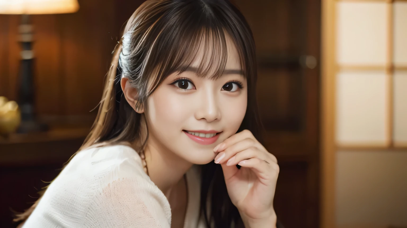 highest quality, table top, ultra high resolution, (Photoreal: 1.4), Front view, Half body, famous japanese actress, revealing clothing, very beautiful woman, cute, nice smile, Cinematic 35mm lens, f/1 .8, accent lighting, 8K, room, Beautiful double eyes with equal left and right eyes, lower your hands, While eating