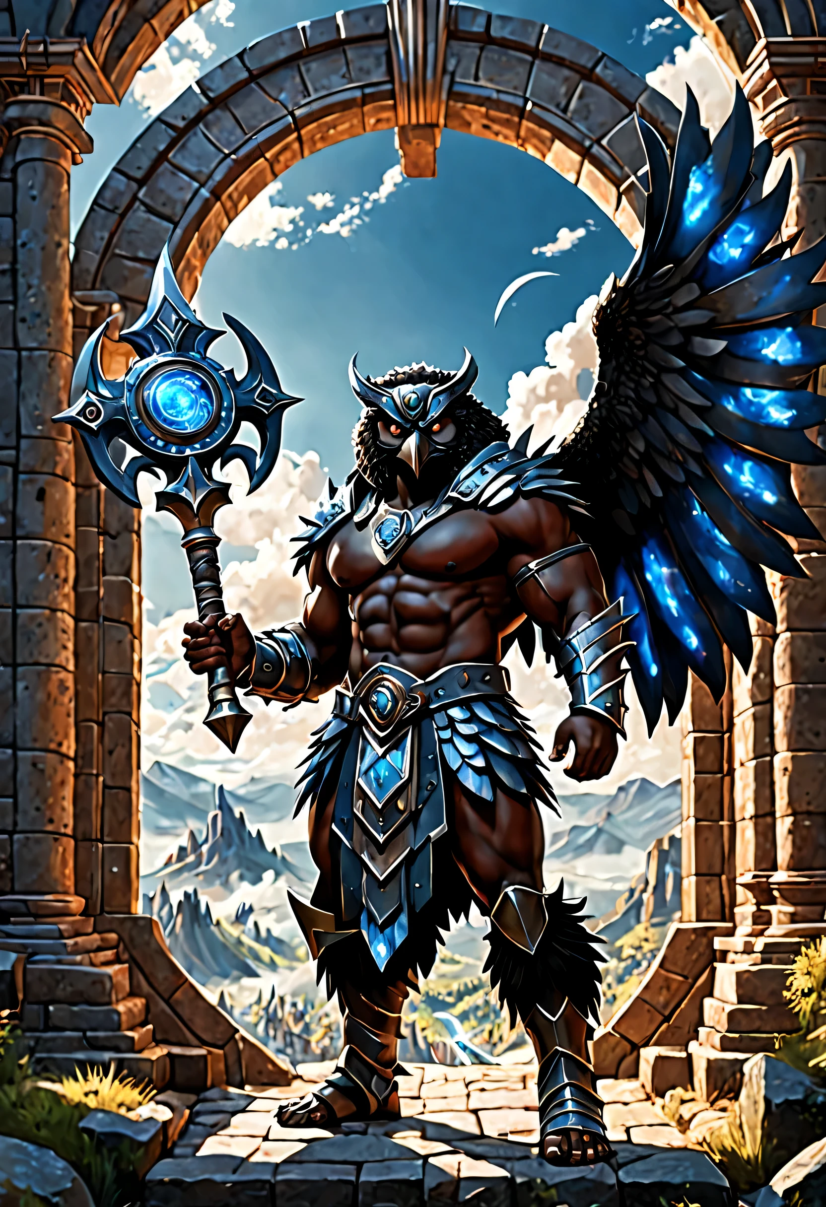 (8k, ARTISTIC photography, best quality, masterpiece: 1.2) ((best quality)), Nijistyle, medium shot, a muscular barbarian black man holding a spiked mace, is wearing owl themed armor, walking out of a blue portal into isekai fantasy society, the art and science of designing built environments, serves as a powerful predictor of health within isekai society. Its influence extends beyond aesthetics and functionality, surrounded by village, shaping various aspects of our lives, planets visible in the atmosphere, including economic stability, dragons flying around, define this idea with imagery. do not show text. create an appealing image typical of those shown on the front page of a world renowned magazine., each with unique architecture and culture, beauty light, Glitchart, 64K, high detail
