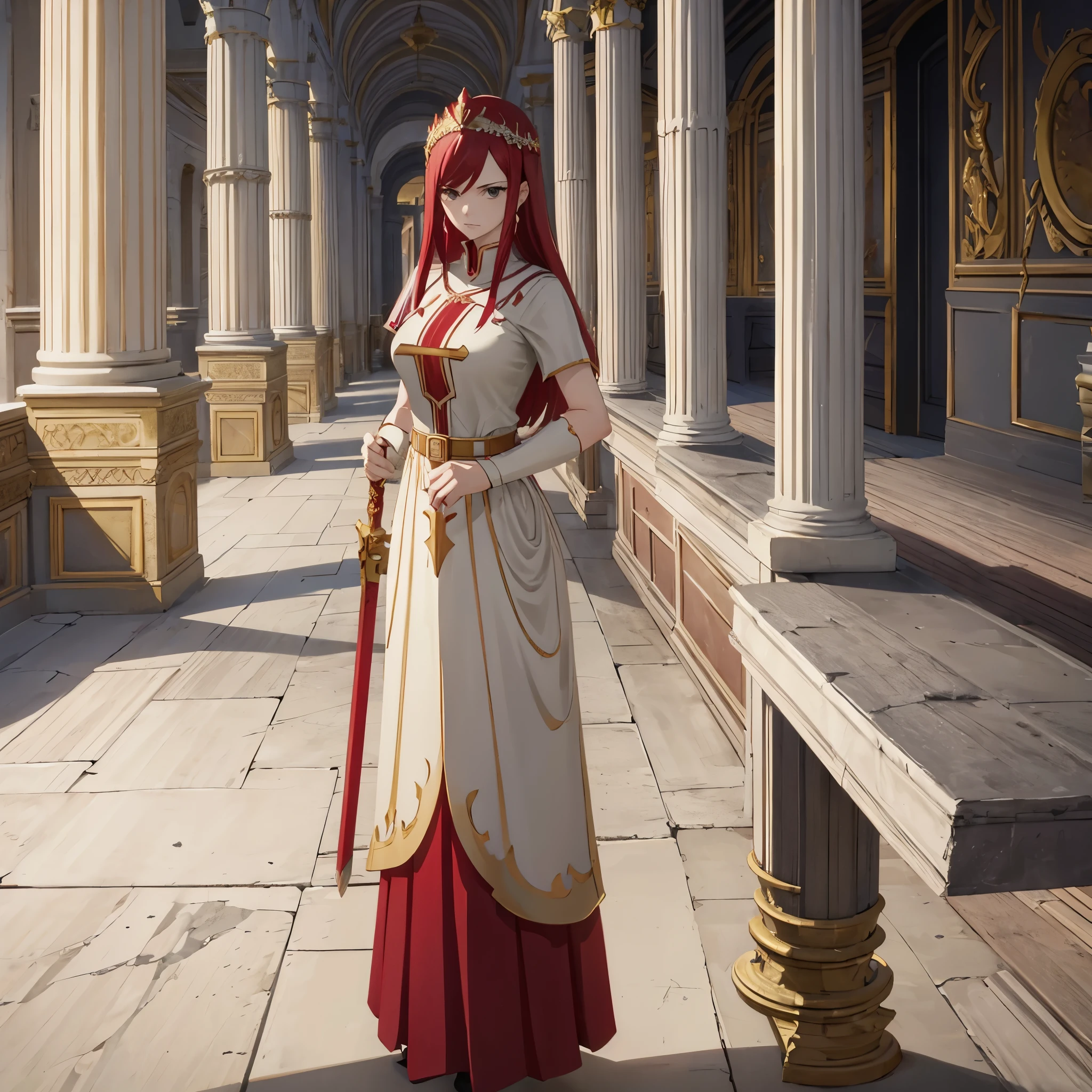 a woman in red and white Roman empress clothing in a palace of the Roman Empire holding a golden sword
