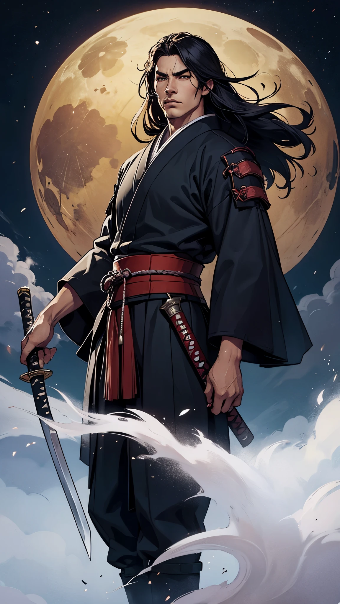 Monochromatic Samurai holding a big katana with bunch of black silluetes behinds him,long hair,fog,night,highnoon,traditional japanese art,oriental,japan,handmade,art nouveau,detailed
