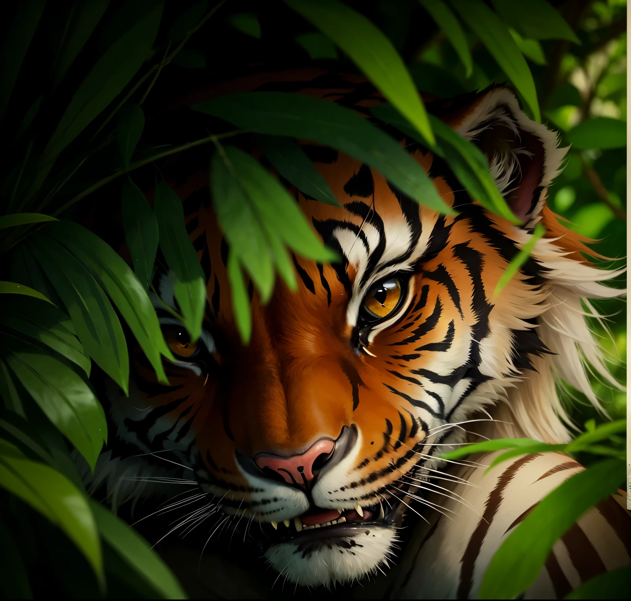 there is a Tiger that is looking out of the bushes,Exposed fangs、tiger fang, ((Tiger)), Tiger, Tiger_beast, a Tiger, lisa parker, close!!!!!, half Tiger, by Tadashi Nakayama, close!!!!!!, sacred Tiger, close-up shot in the middle, Tiger face, Tigers, really close up shot, 鳥beast, by Dietmar Damerau