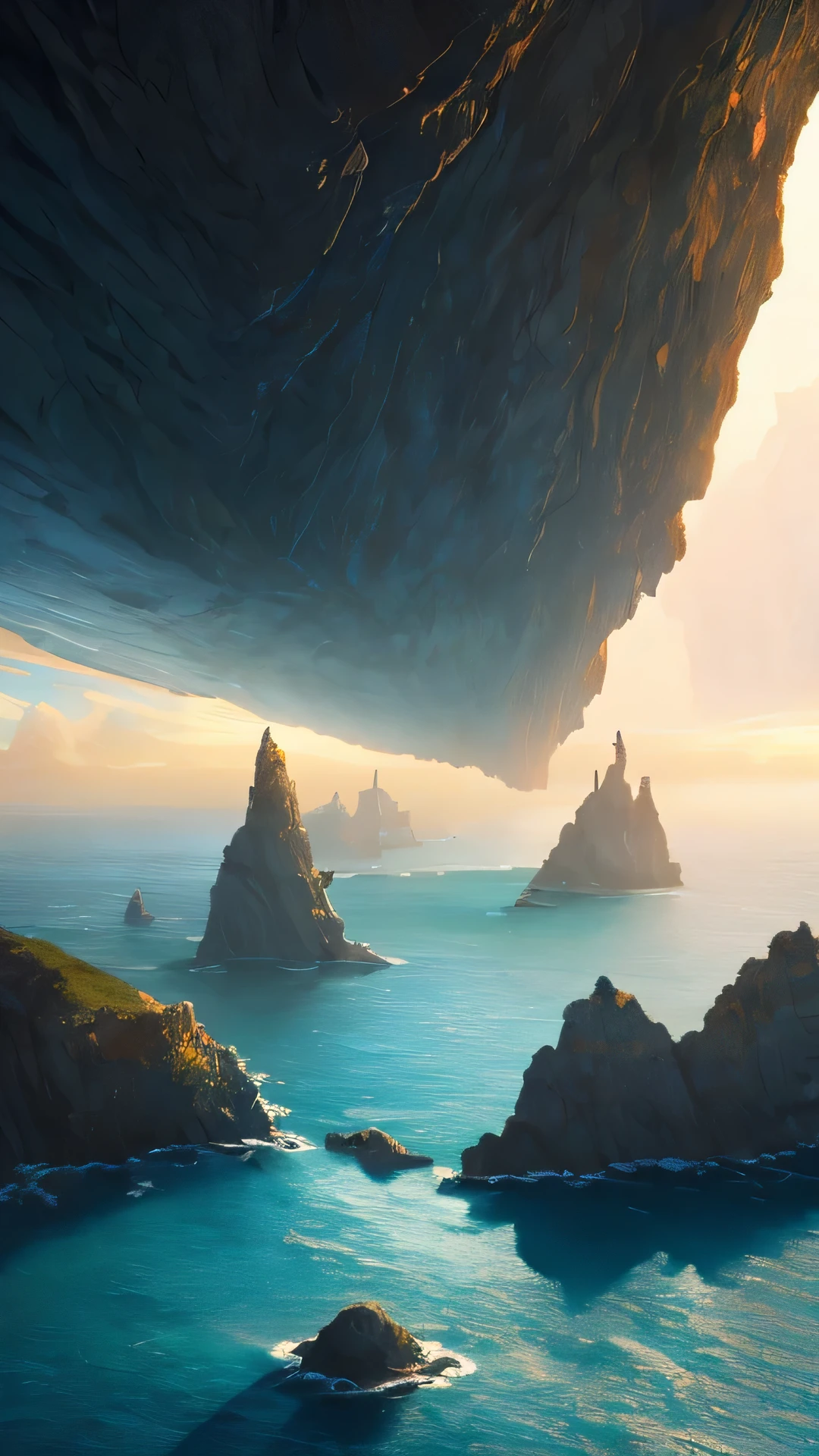 surreal illustration , otherworldly, From a journey of 1000 miles per inch、Composition examination、To the unknown world,very detailed and magical lighting, detailed sea, landscape, Beautiful and rugged roads with beautiful lighting and realistic proportions, Looks like a movie background, 8K, highest quality, masterpiece,