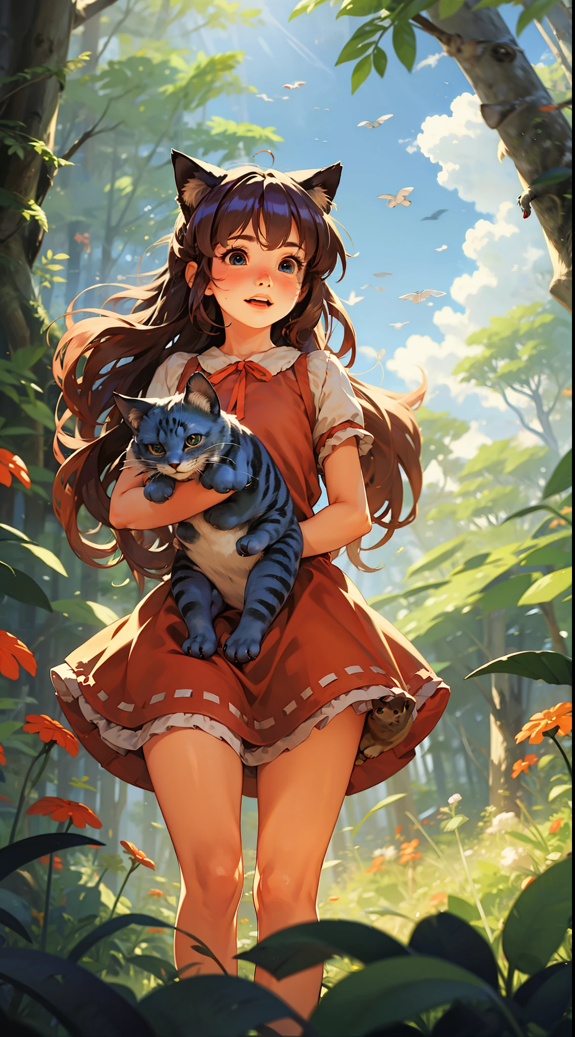 1 girl,One,Red dress, blonde, big blue eyes, holding a big gray cat in his arms