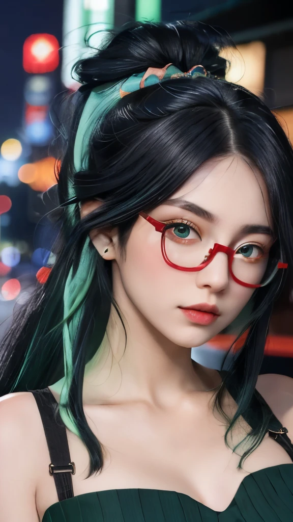 1 girl,blue black hair and green hair, Long ponytail，Good-looking hair accessories，light green eyes，red glasses，Red Half-rimmed Glasses，huge ，Off the shoulders，Tokyo streets,night, city View,city lights, close up, 8k, original photo, best quality, masterpiece,actual, photo-actual,