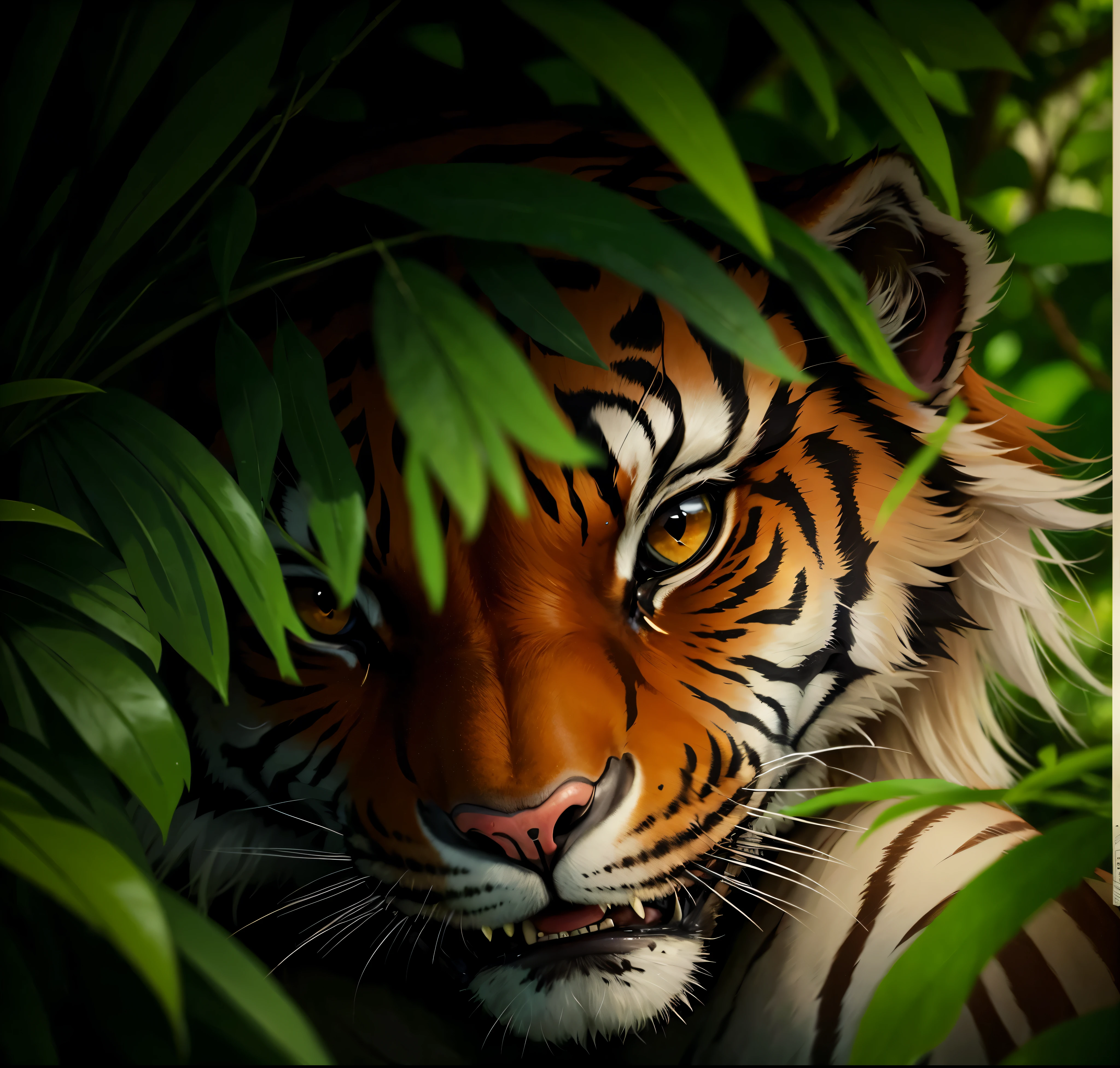 there is a Tiger that is looking out of the bushes,exposed fangs、Tiger Fang, ((Tiger)), Tiger, Tiger_beast, a Tiger, lisa parker, close!!!!!, half Tiger, by Tadashi Nakayama, close!!!!!!, sacred Tiger, close-up shot in the middle, Tiger face, Tigers, really close up shot, 鳥beast, by Dietmar Damerau