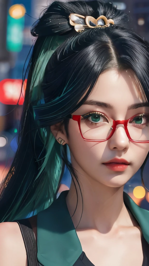 1 girl,blue black hair and green hair, Long ponytail，Good-looking hair accessories，light green eyes，red glasses，Red Half-rimmed Glasses，huge ，Off the shoulders，Tokyo streets,night, city View,city lights, close up, 8k, original photo, best quality, masterpiece,actual, photo-actual,