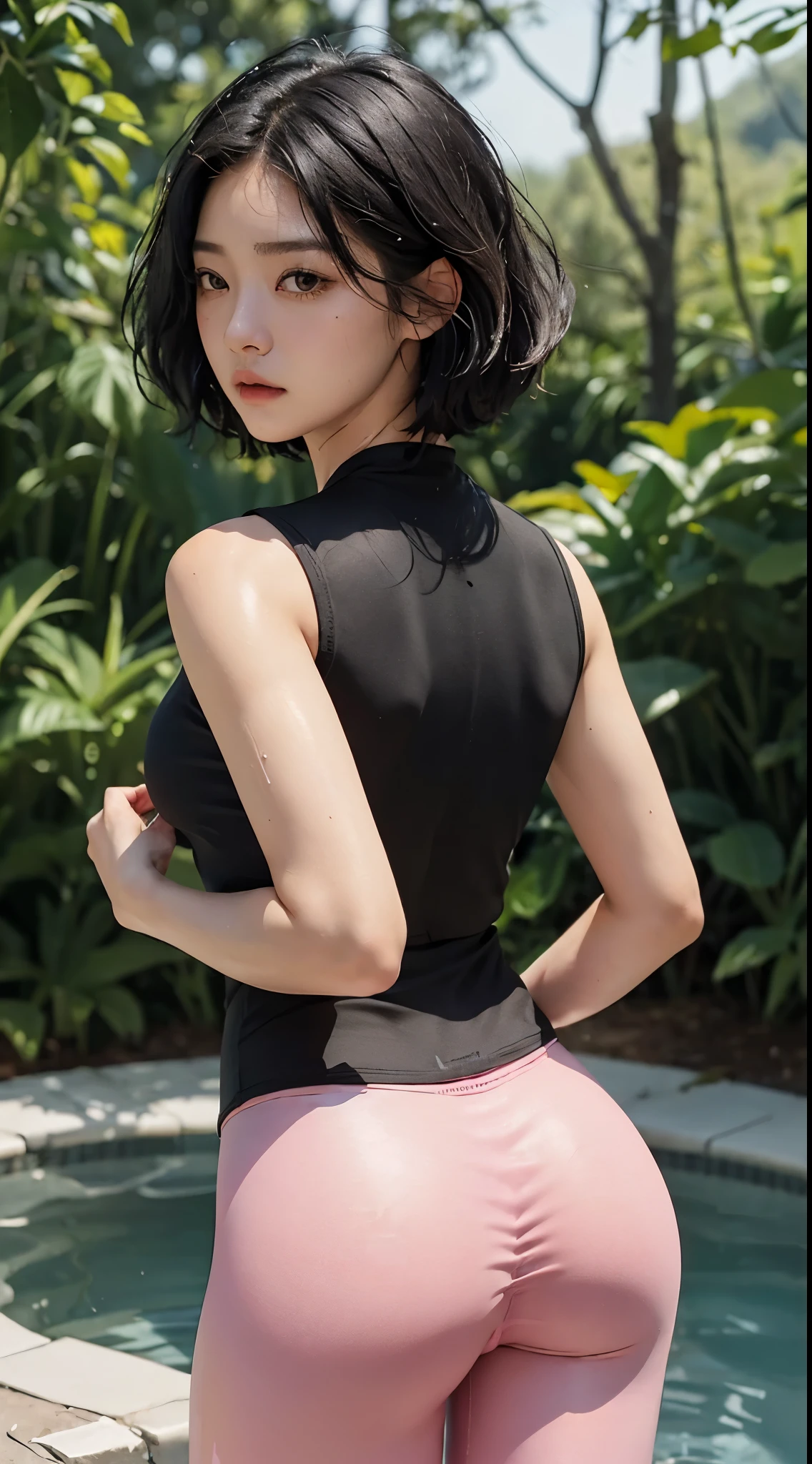 (highest quality, masterpiece: 1.1), (fidelity: 1.4), 1 girl, long eyelashes, (black hair),very short hair, dongtan, Pink leggings, (wet hair), (Emphasize the crotch)、butt、shot from behind