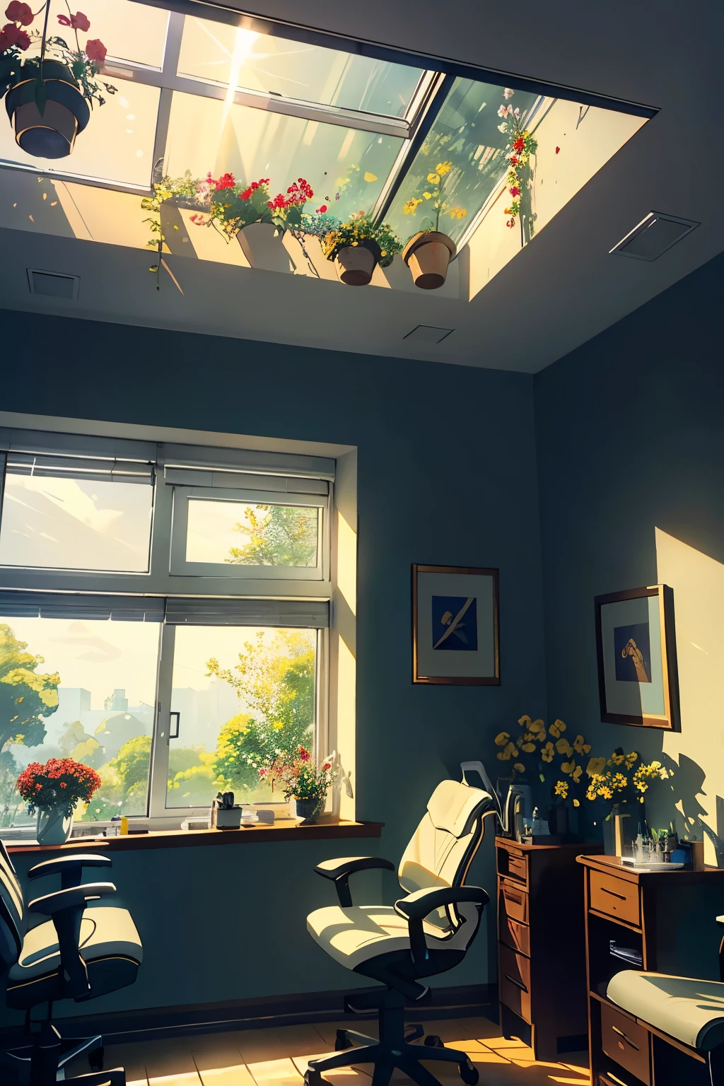 top-quality masterpiece of a dental clinic scene under the sunny sky, warm colors dominating the palette, wide open space exuding a sense of calmness and cleanliness, perspective layout inviting the viewer in, scenery outside the window showcasing blooming flowers and lush greenery, (High resolution: 1.5), (Luxurious illustration: 1.3), (Hyper realistic: 1.4), Detailed dentist chair and tools, (Realistic textures: 1.3), (Professional atmosphere: 1.2), Sunbeams filtering in through the window, (Skilled dentist and patient interaction: 1