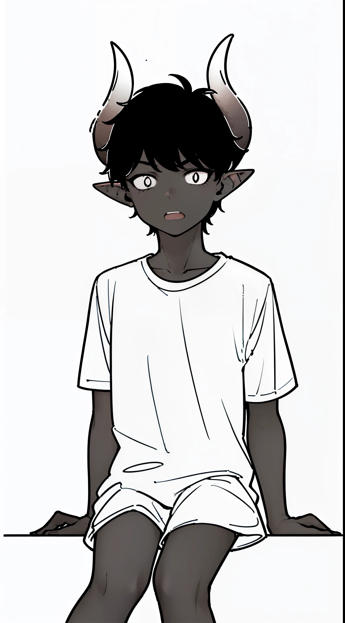 (((1boy,8 years,solo))),((dark skin)),((white shirt,short sleeves,black shorts,black hair,elf ears,(horns),cowboy shot,(white background,line drawing),sitting,constricted pupils,small pupile,scared,open mouth,form front,(fear)