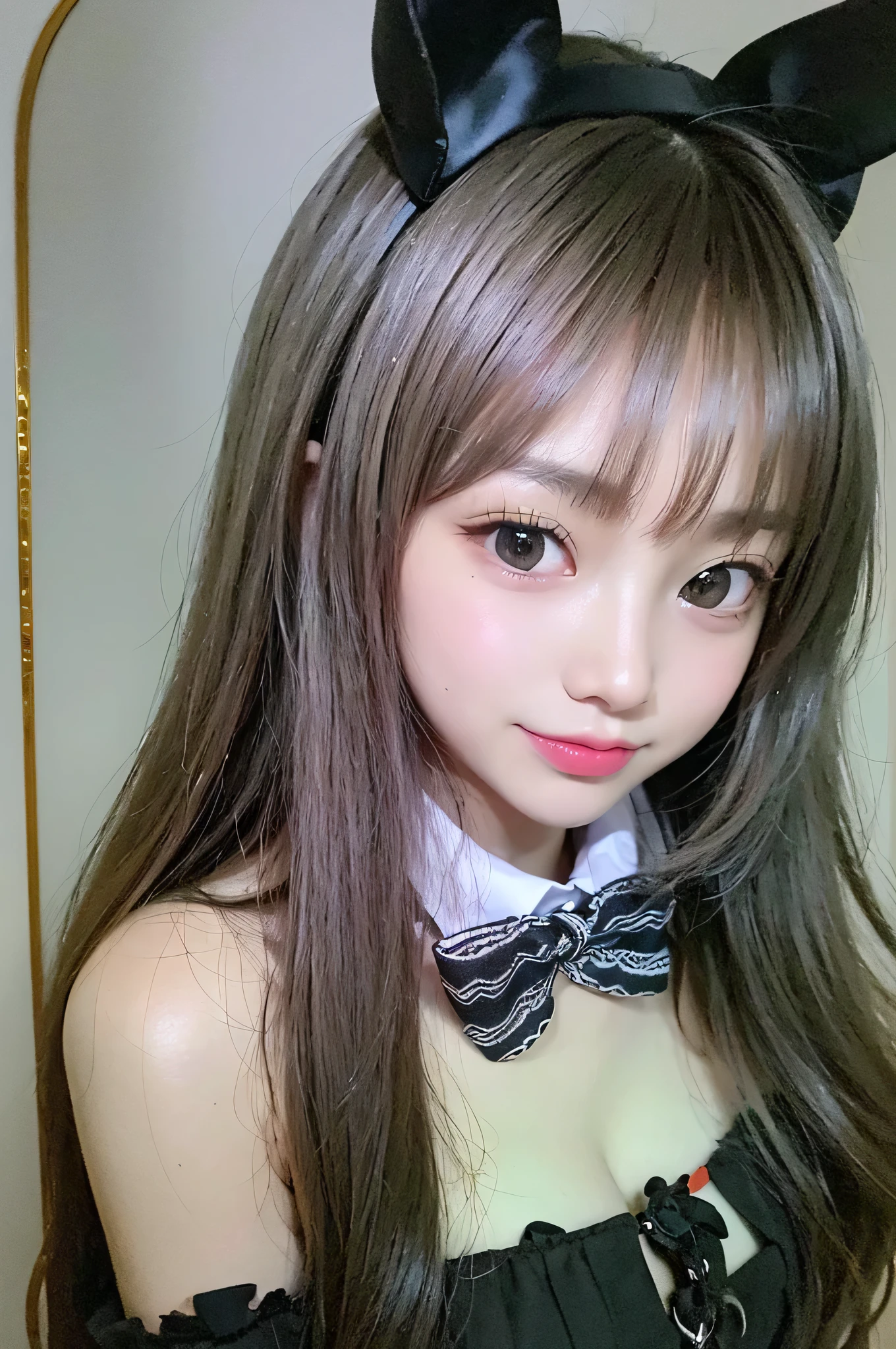(Close-up:1.4)、(RAW shooting:1.2)、(photorealistic:1.4)、(masterpiece:1.3)、(highest quality:1.4)、solo、7 head and body、(slender and beautiful girl)、cute、(beautiful detailed eyes)、(charming big eyes)、(beautiful double eyelids)、8K、Velvet bunny costume、velvet、Bunny girl black costume、bunny girl figure、bokeh background、 Blurred feeling、 transparent material shoulder strap、 girl&#39;s room、smile、happy eyes、white skin、pretty girl、looking at the camera、high heels、rabbit ears、(Medium chest:1.2)、(cleavage)、(full body shot)、white choker and black bow tie、White cuffs、brown hair、(small butt)、(beautiful hands)、(beautiful thighs)、cute系、(perfect ???????:1.2)、