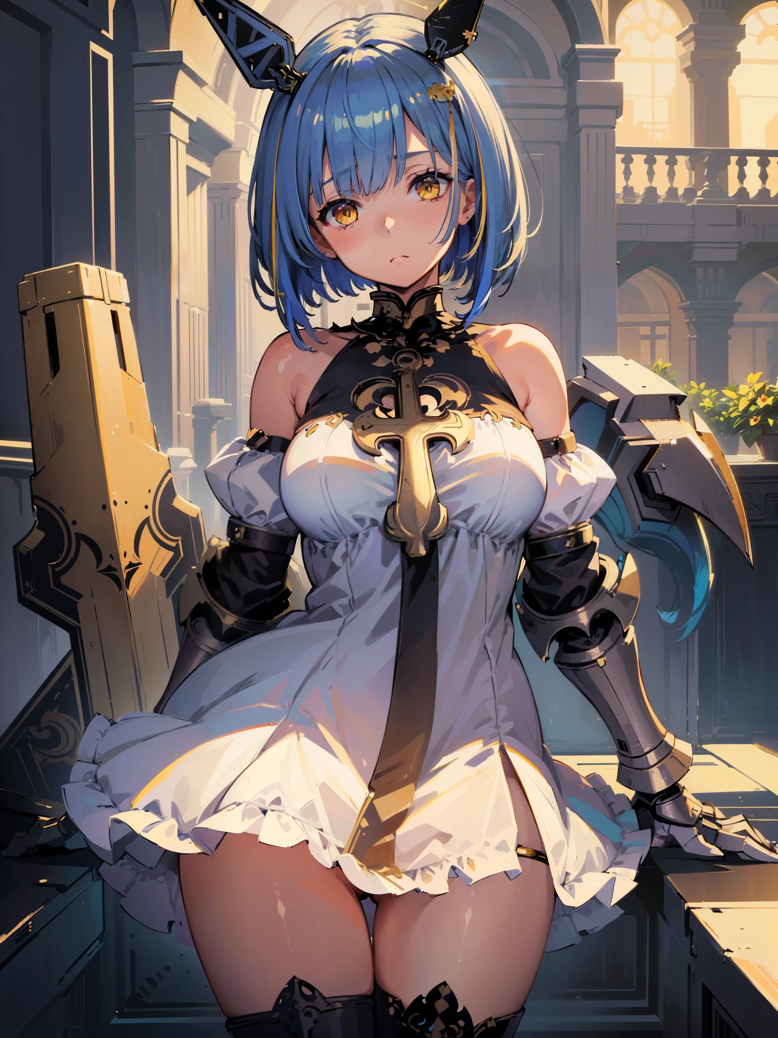 (best quality:1.3), (masterpiece:1.3), (illustration:1.3), (ultra-detailed:1.3), (mid shot:0.9), 1girl, medium breasts, yellow eyes, hair ornaments, indoors, thigh-highs, upper body, white dress, gauntlet, greaves, short bobbed hair, gascogne \(azur lane\), blue hair, cross, emotionless, tall, mature, head ornaments, 