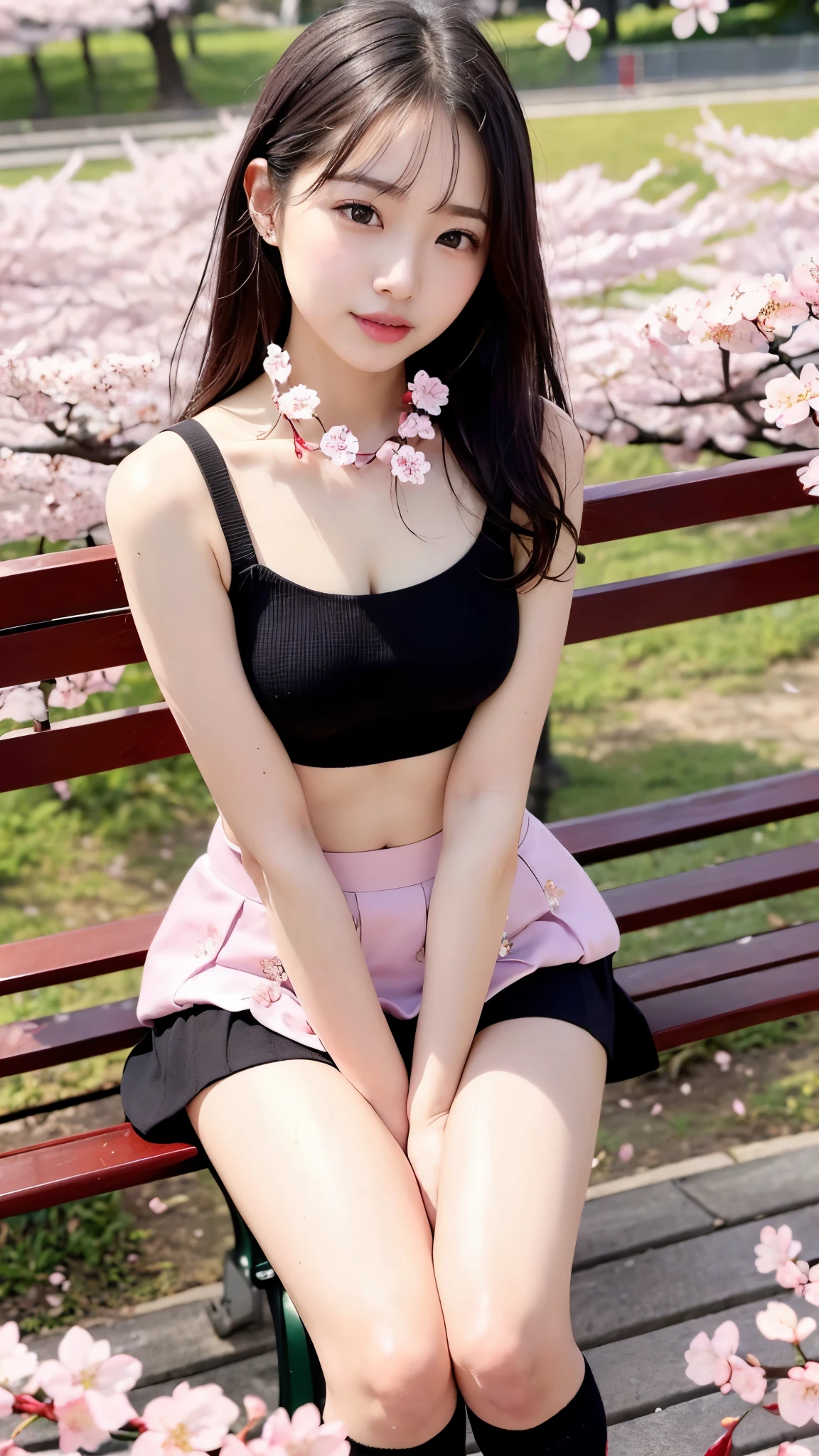 (masterpiece,highest quality,ultra high resolution),japanese woman, gal、とても美しい20歳のgirl, girl、Look at the photographer、(lip gloss)、(perfect limbs、small beautiful breasts、、Wet whole body、perfect anatomy),(((beautiful hair、、)))、(((Sexy 、1.5,mini skirt、black knee socks、)))Melting face when seducing a man、sweet look、pure white、beautiful skin、Moist eyes、glitter hair、color of youth、gentle smile、double eyelid、(In a cherry blossom blizzard、sitting on the bench;;pat my neck.:1.6)、I'm crossing my legs、open the thighs、model pose