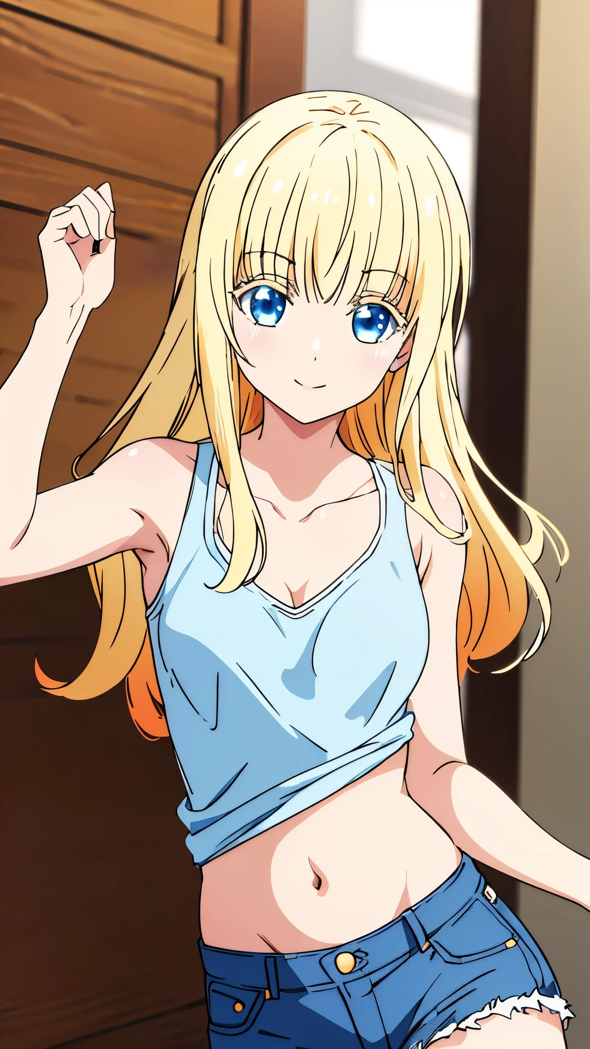 masterpiece, highres, solo, 8k, detailed, perfect face, (ultra high quality), looking viewers, collar bones, small breast, cleavage, blonde hair, blue eyes, belly, stomach, navel, slim body, smile, crop tanktop, denim short, mini short, blush, thigh