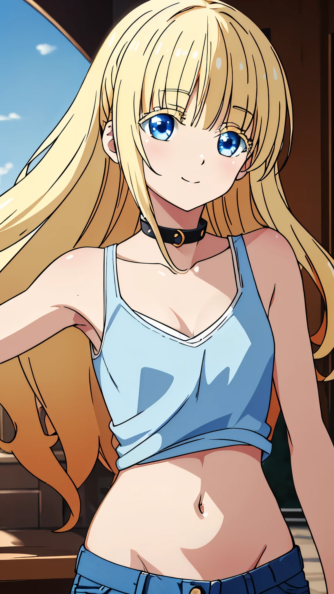 masterpiece, highres, solo, 8k, detailed, perfect face, (ultra high quality), looking viewers, collar bones, small breast, cleavage, blonde hair, blue eyes, belly, stomach, navel, slim body, smile, crop tanktop, denim short, mini short, blush, thigh, pouting 