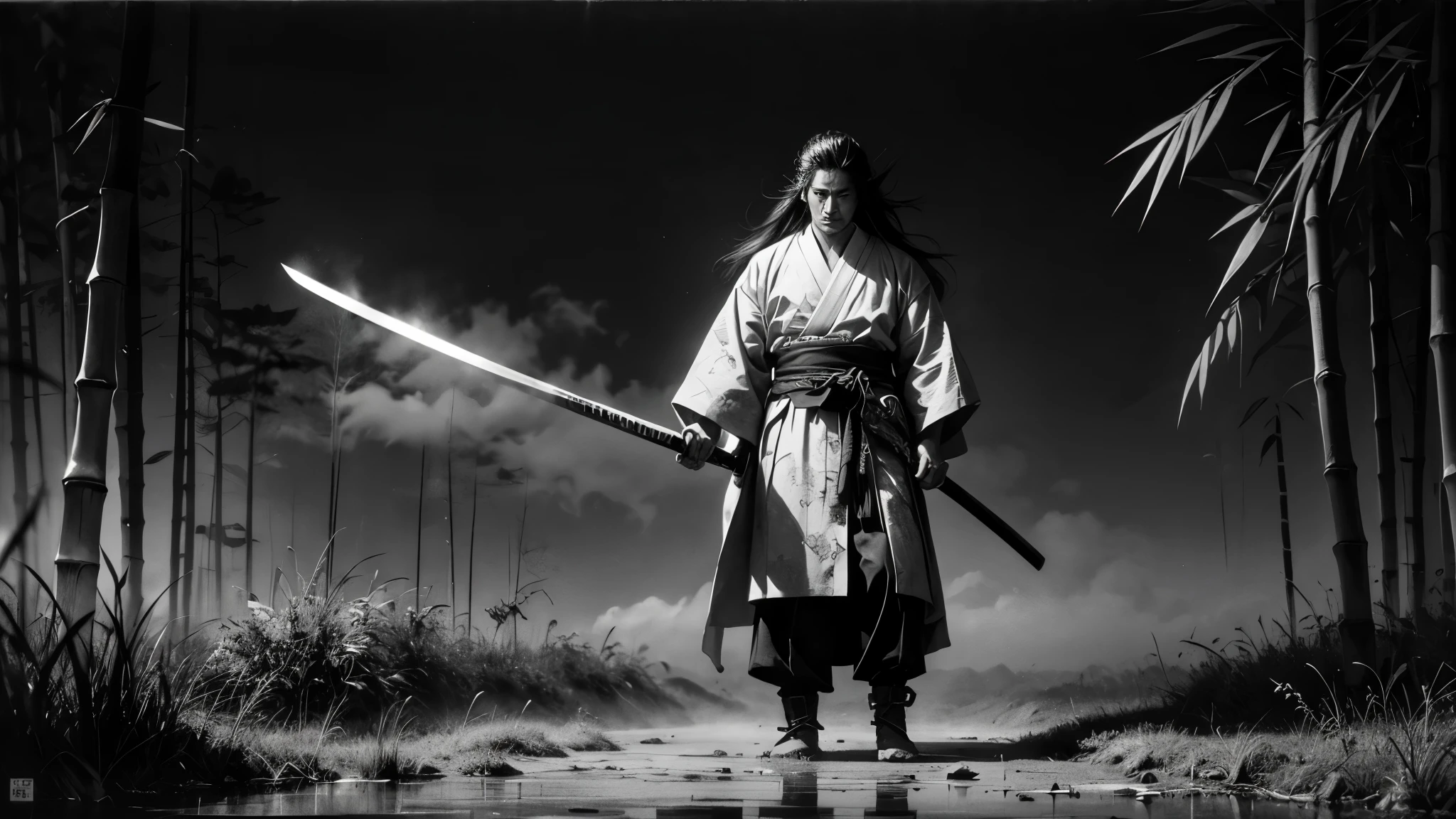 black and white Samurai holding a big katana with bunch of black shadows behinds him,long hair,fog,wind,night,highnoon,bamboo,grass on the ground,mud on the ground,film grain,black and white,traditional japanese art,oriental,japan,handmade,art nouveau,detailed