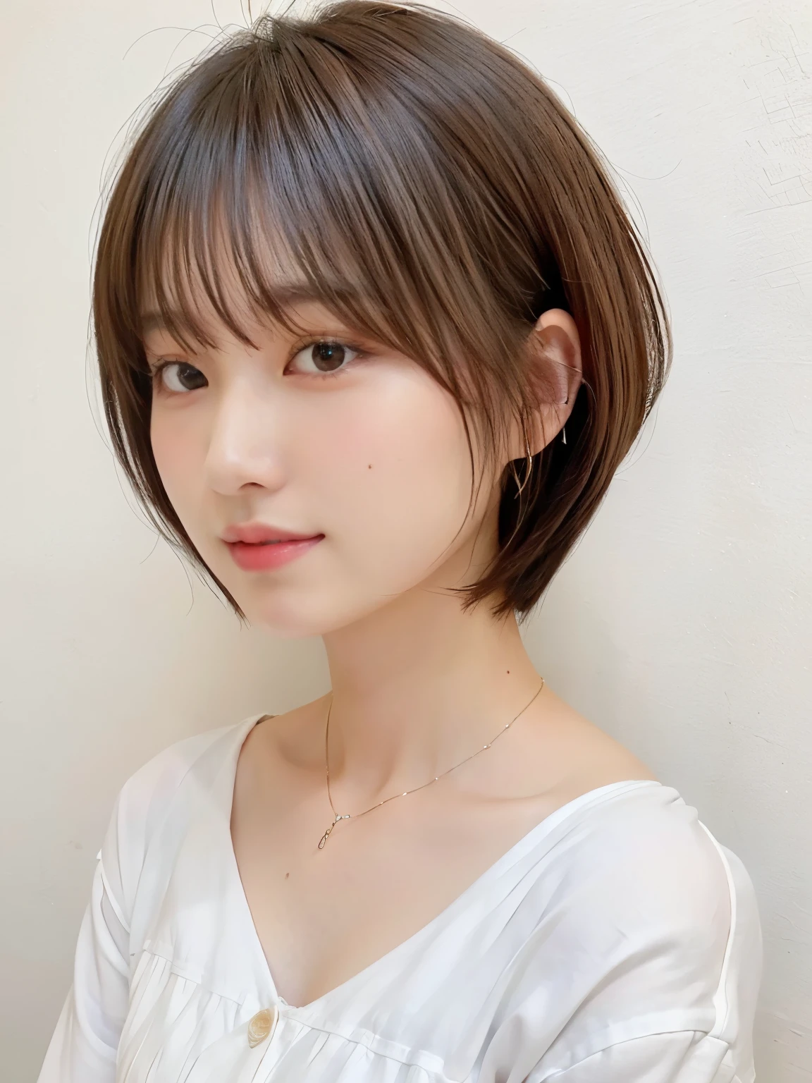 (highest quality、8K、32K、masterpiece、nffsw:1.2)、Photo of Japanese woman in her 20s、very short bobbed hair、Upper body、necklace、shot from above、Don&#39;Don&#39;Don&#39;Don&#39;don&#39;t look at the audience、(realistic、Photoreal:1.37)、1 girl、Shot in natural light、Physically based rendering、excellent image quality、High resolution、1080P、(Detailed facial description)、(Detailed explanation of hands)、(Detailed CG)、Rich details、(exquisite features)、(best image quality)、(masterpiece)、(fine eyes)、delicate clavicle、Versatile poses、profile、white wall、Taken in front of the white door、(窓のあるwhite wallの部屋)、earrings、laughter、Spring clothes、 shortcut、short hair、((white blouse))