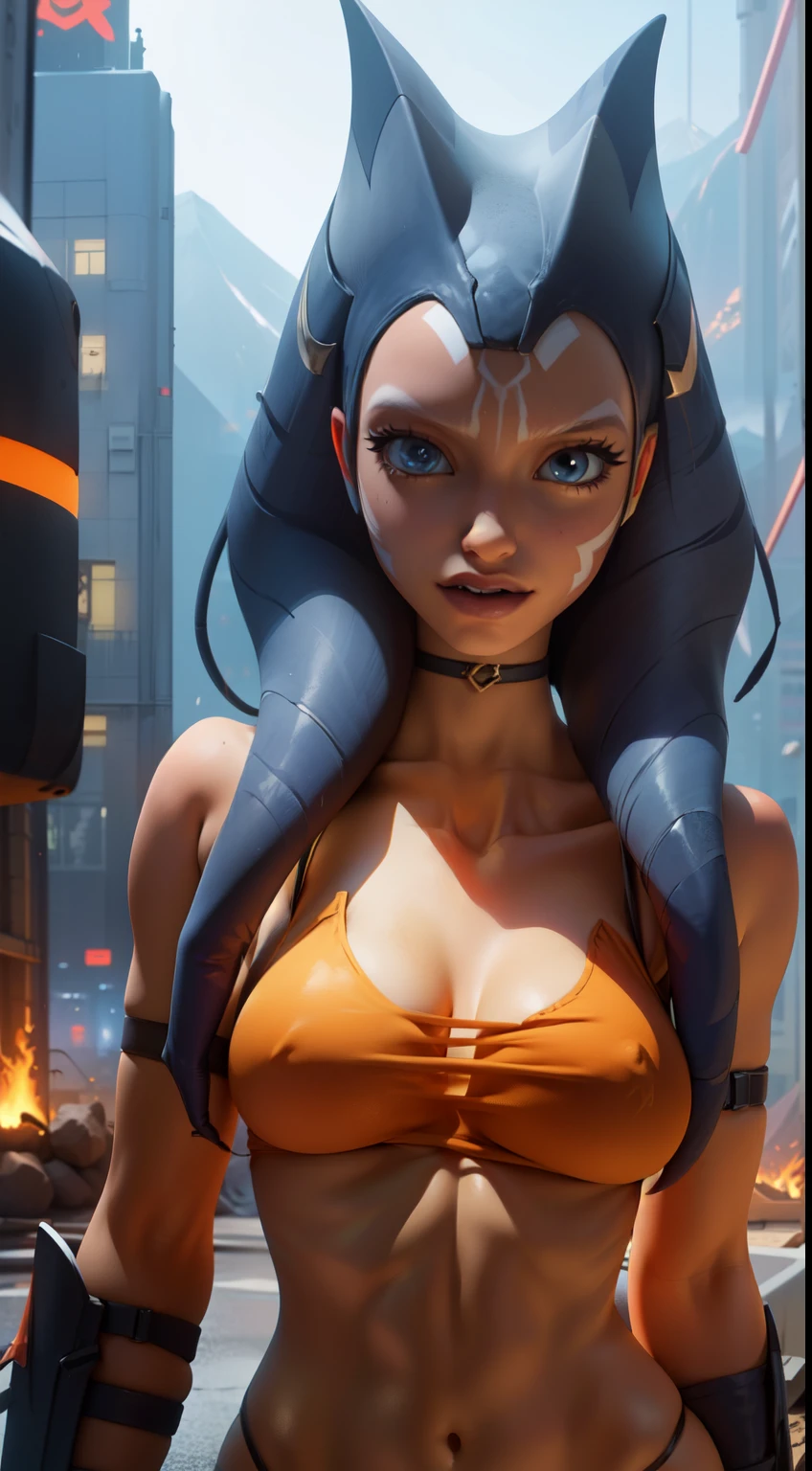 Naked upper body (masterpiece, La Best quality, ultra detailed), Asokatano bare chest,(Orange peel:1.2), Asokatano clones paw,covered in sperm, Blue eyes, draw up, (blue shirt:1.2), thigh armor,(background giant stones volcano colors:1.4),(portrait shot, Upper body), Looking at the viewer,,More detailed 8K.unreal engine:1.4,UHD,La Best quality:1.4, photorealistic:1.4, skin texture:1.4, masterpiece:1.8,masterpiece, Best quality,Object], (detailed facial features:1.3),(Красивые Blue eyes), (Detailed beautiful fingers),(perfect anatomy),sexy pink underwear,(background city Tokyo cyberpunkAI colors:1.4) ,(Associated sexy),Clone Wars Ciudad,