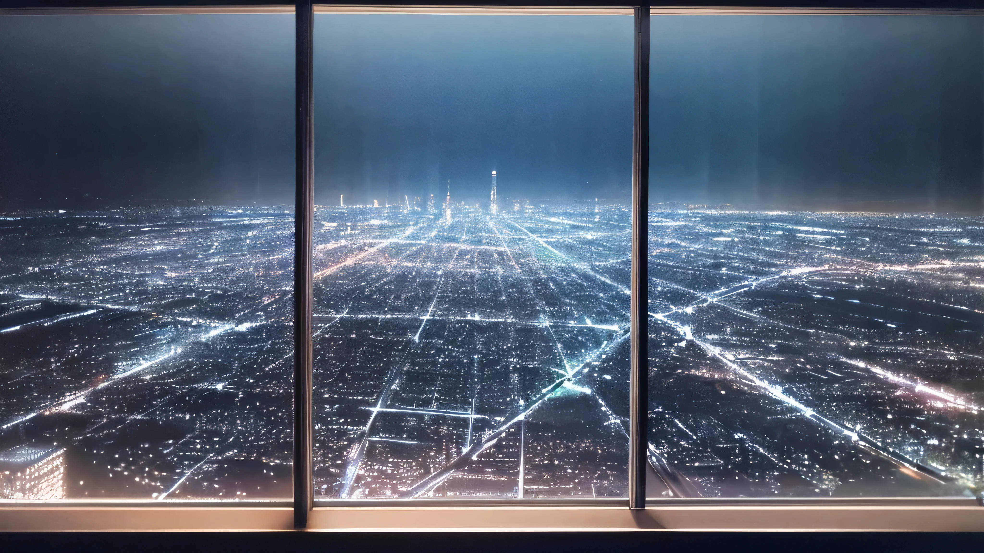 masterpiece,incredibly absurd,in a dark room, neon lightがぼんやり光る、midnight、sad mood、anime style、Cityscape seen from the room window,neon light, line drawing,