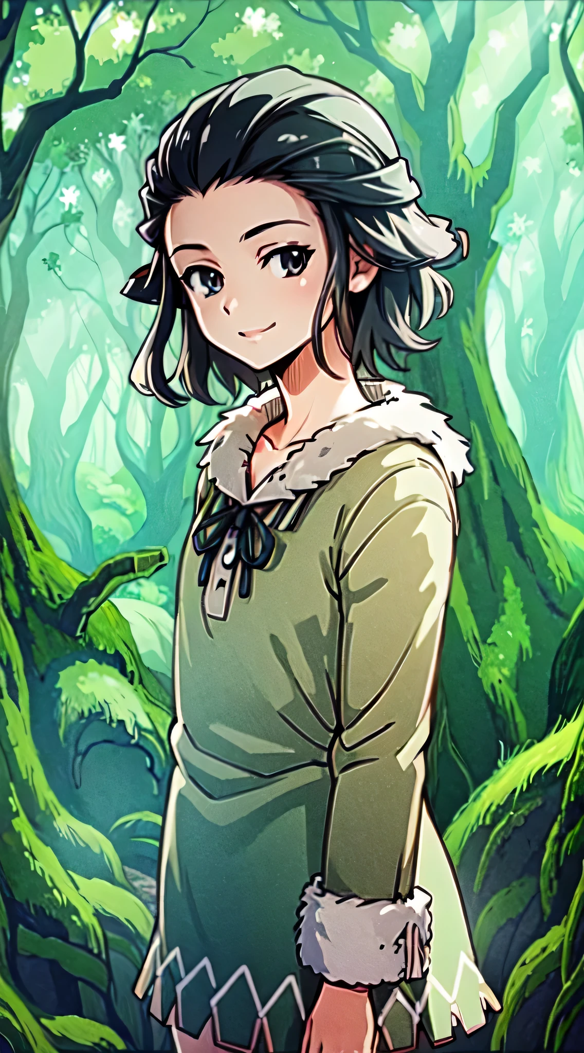 anime screencap, 1 girl, solo, black hair, short hair, green dress, hair hornament, dreadlocks, forehead, outdoors, forest, bird in hand, full body, cowboy shot, subtle smile masterpiece, high res, detailed face, detailed eyes,
