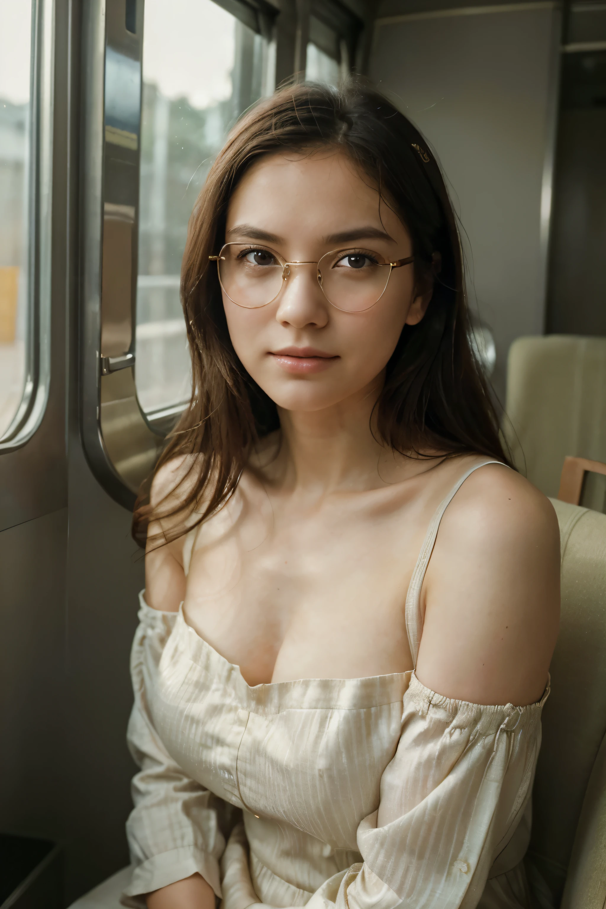 (best quality, super detailed, golden ratio, masterpiece:1.2), Theater lighting:0.7, photo of a woman, Wearing a very elegant off-shoulder dress, perfect face, (highly refined skin), black hair, cover mouth with hand、tease, texture, pale skin, shiny skin, (thin, large size:1.2), [:(sharp and focused face, perfect eyes:1.2):0.2], lifelike, film grain, take a step forward、Look up from below、look at camera、The focus is on the shoulders, focus on face、、Glasses、Raise the corners of your mouth when you smile、disdainful expression, summer haze, pastel colors, Soft warm colors, Photo normal portrait of a woman dressed in a striped dress sitting by the window in the early morning, normal, (tilt:1.3) (on an old train) looks very cautious, Standing in the spotlight gathering dust clouds, key light, backlight, soft natural light, 摄影 film grain ISO 400 30 mm 镜头 RAW f1.8 aperture, Very detailed (analog photography:1), Color Human Development Report