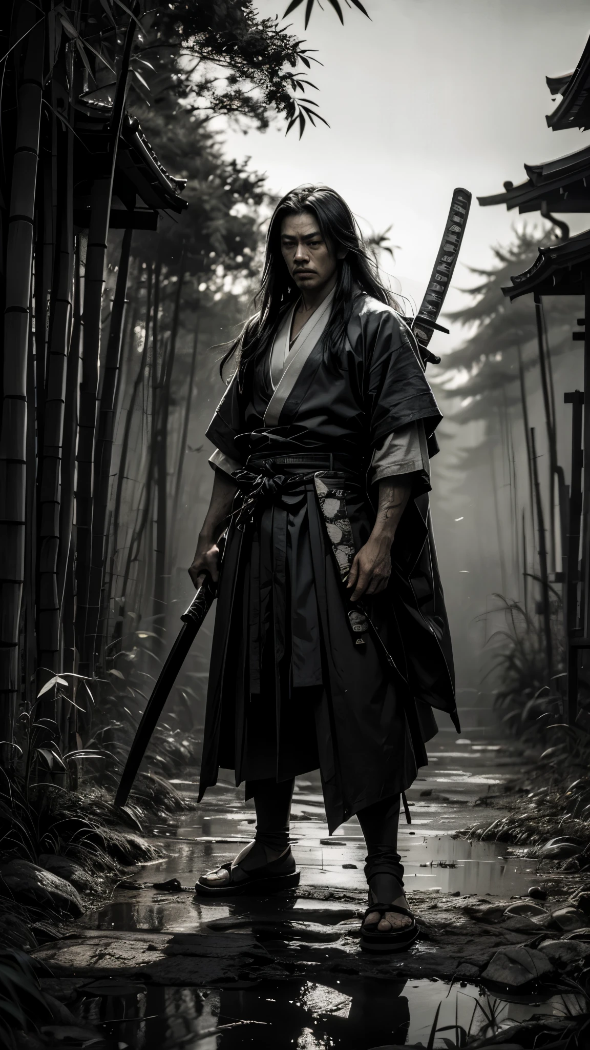 black and white Samurai holding a big katana with bunch of black shadows behinds him,long hair,fog,wind,night,highnoon,bamboo,grass on the ground,mud on the ground,film grain,black and white,traditional japanese art,oriental,japan,handmade,art nouveau,detailed