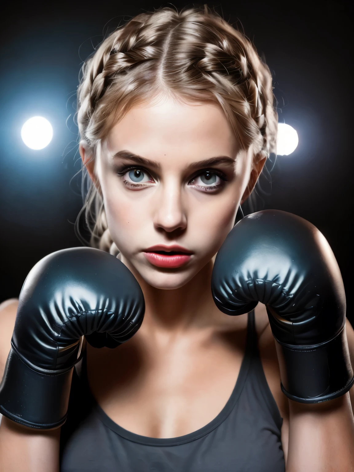 Retrato de uma jovem linda de 25 anos brava, nervosa, bad girl, it teeerious, malvada, brava, irritada, cara de mau, bela brasileira, in fighting position, boxing gloves on hands, hands at chin height, bunda grande perfeita, nua, coxas grossas e fortes, with braided hair beautiful eyes, olhos azuis brilhantes, pele extremamente detalhada, pele com ferimentos, bota de salto alto brilhante, calcinha transparente, usando top curta brilhante, em sala fechada, Parede com ladrilhos de metal preto, (discoteca escura, luz escura e mal-humorada: 1.2), (foto de corpo inteiro).