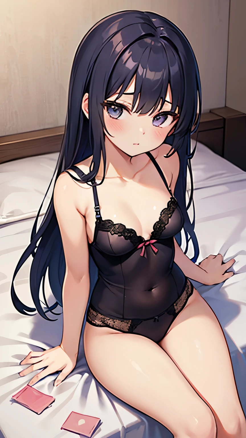 masterpiece、High school girl in high class lingerie、Sitting on a bed in a room on the top floor of a love hotel with a night view、Used condoms are scattered around the bed.
