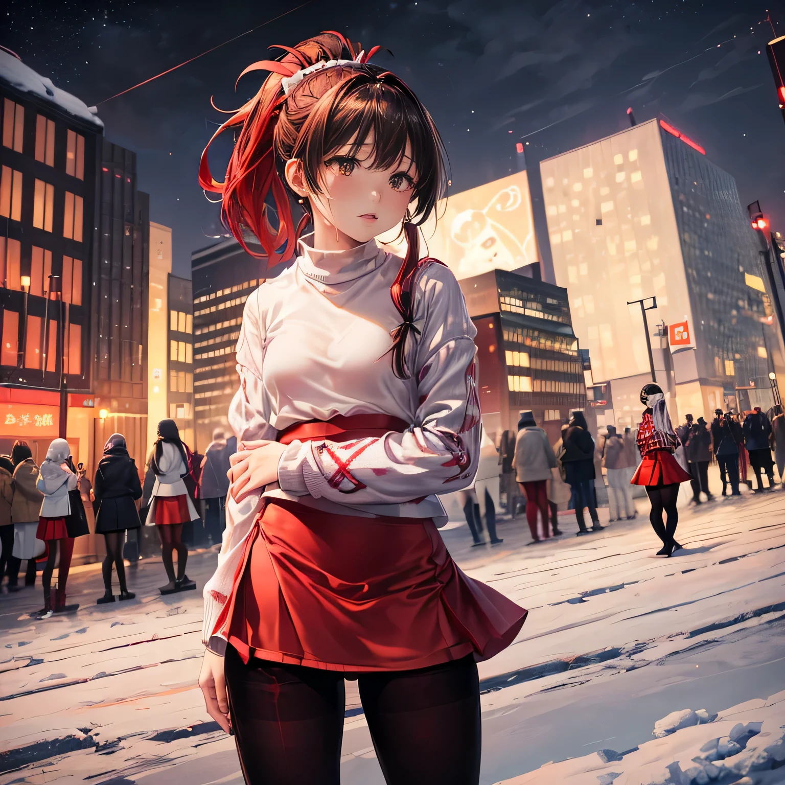 1girl, ((girl)) 、1 person、small face、 ((雪のnight)) 、night、in the city、Skyscraper,20-year-old、 (cry:1.5) 、white sweater、((red check skirt:1.5)) 、((black pantyhose:1.5)) 、Brown snow boots, (princess cut), (bob cut)、(medium hair)、(ponytail:1.5) 、brown hair 、standing pose、((whole body)) 、