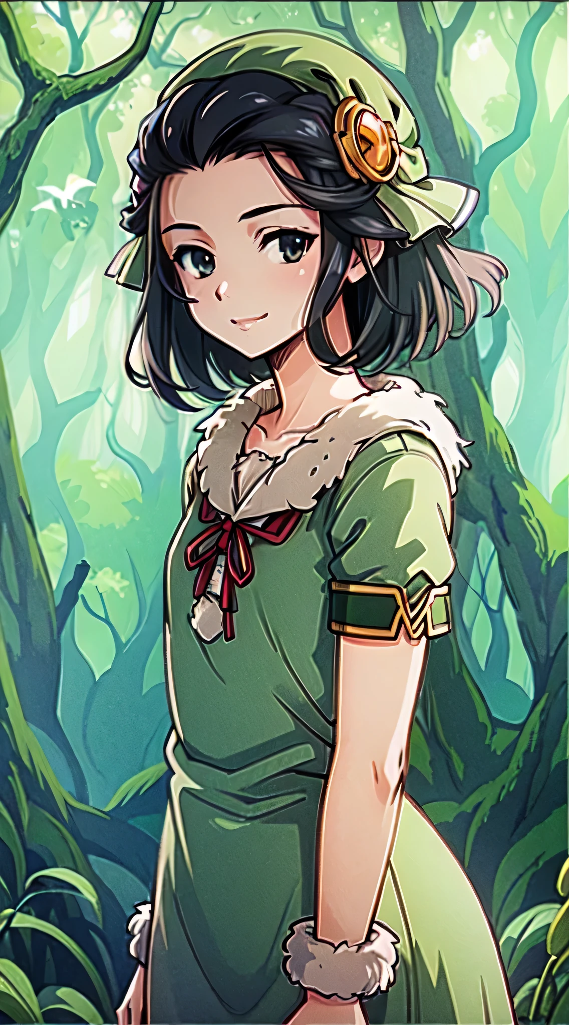 anime screencap, 1 girl, solo, black hair, short hair, green dress, hair hornament, dreadlocks, forehead, outdoors, forest, bird in hand, full body, cowboy shot, subtle smile masterpiece, high res, detailed face, detailed eyes,
