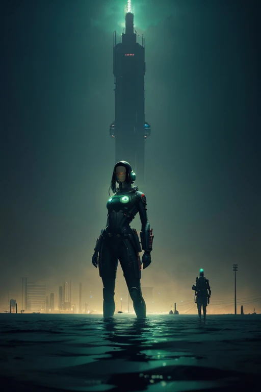 a woman standing in the middle of a body of water, cyberpunk art, inspired by Michael Whelan, retrofuturism, with a yellow green smog sky, stalenhag style, woman in a dark factory, atey ghailan and mike mignola
