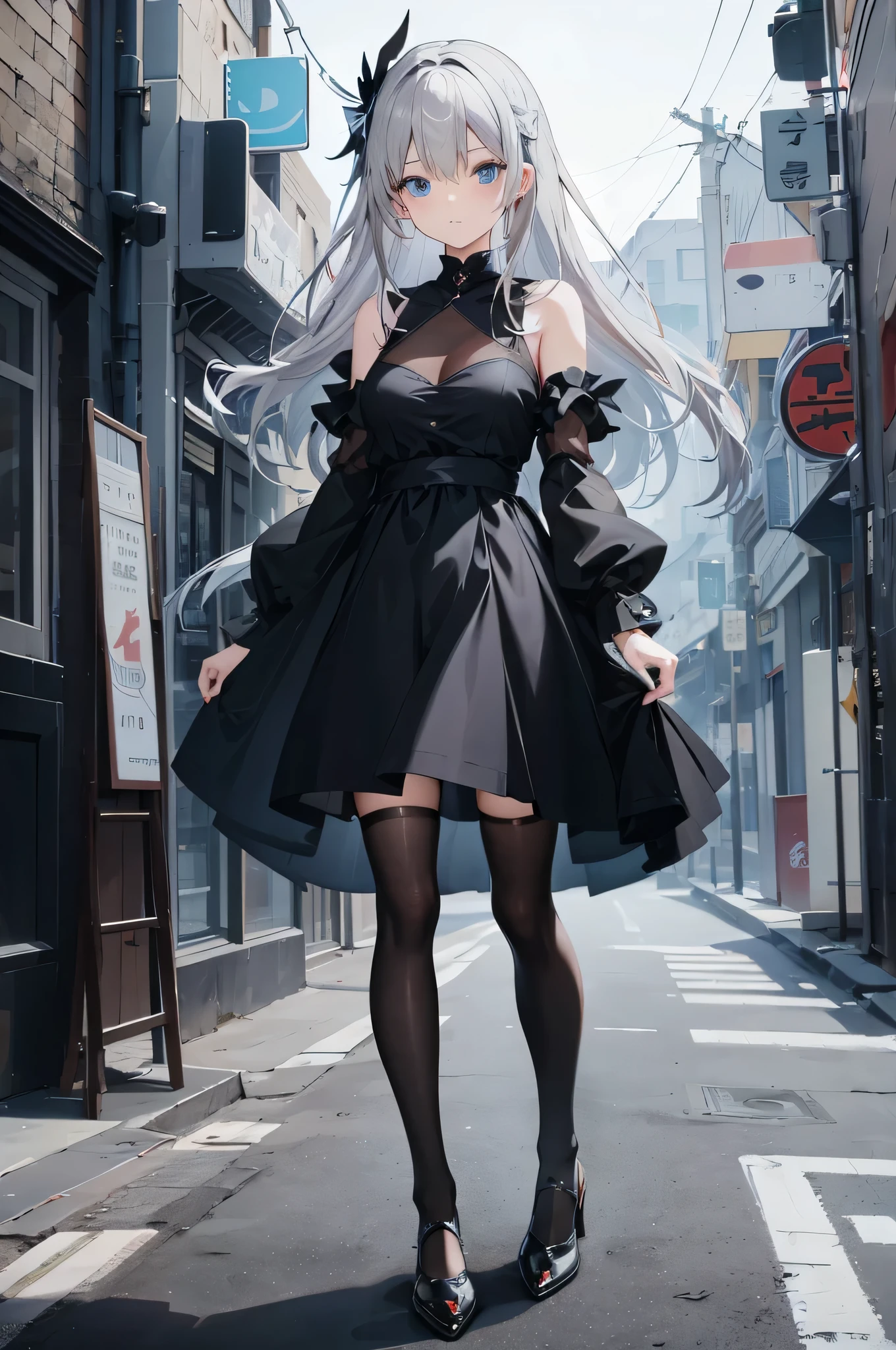 anime character cute girl, gray hair, Hair is smooth, blue eyes, wearing a black dress, black stockings,beauty, small breasts, Are standing, black shoes, whole body, human, Folded hands, --4 pieces:7 --s 40