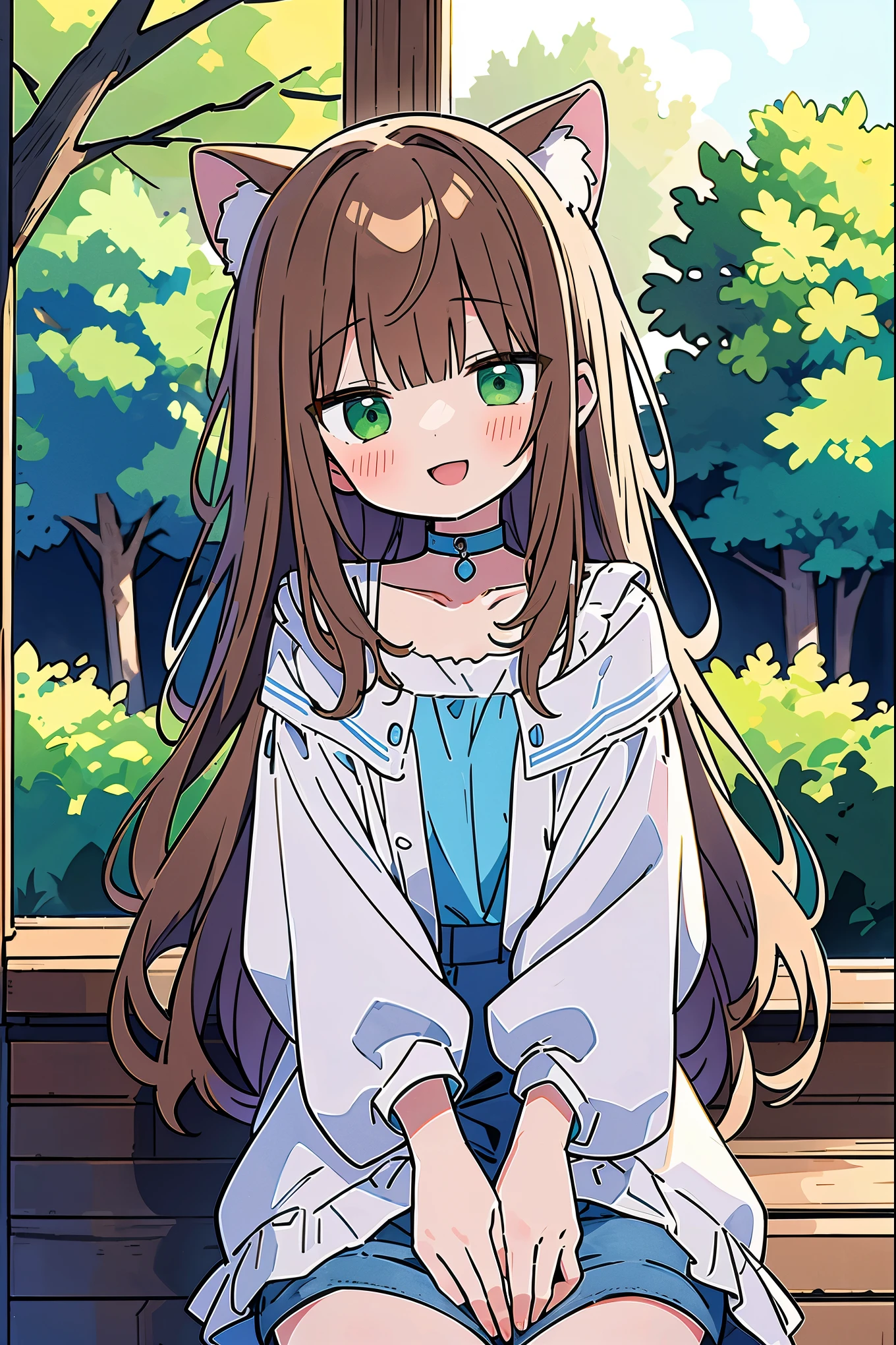 masterpiece, highest quality, super detailed), Portrait of 18 year old woman with light brown hair, Curled green eyes, Smile in blue shorts with beige blouse and blue jeans singing from under the tree (Leaning against a tree) And read the brown book -Auto Utrareal-  