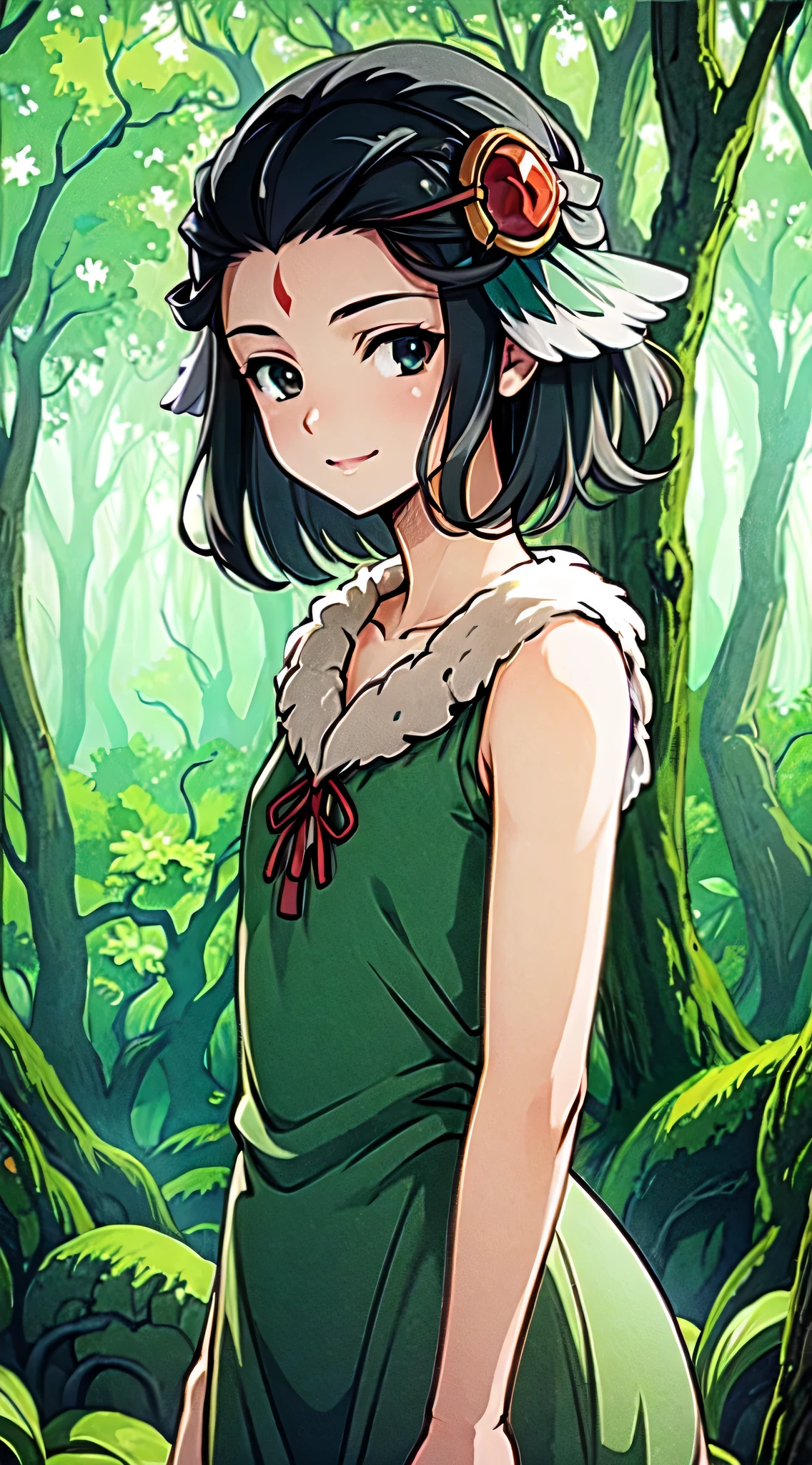 anime screencap, 1 girl, solo, black hair, short hair, green dress, hair hornament, dreadlocks, forehead, outdoors, forest, bird in hand, full body, cowboy shot, subtle smile masterpiece, high res, detailed face, detailed eyes,
