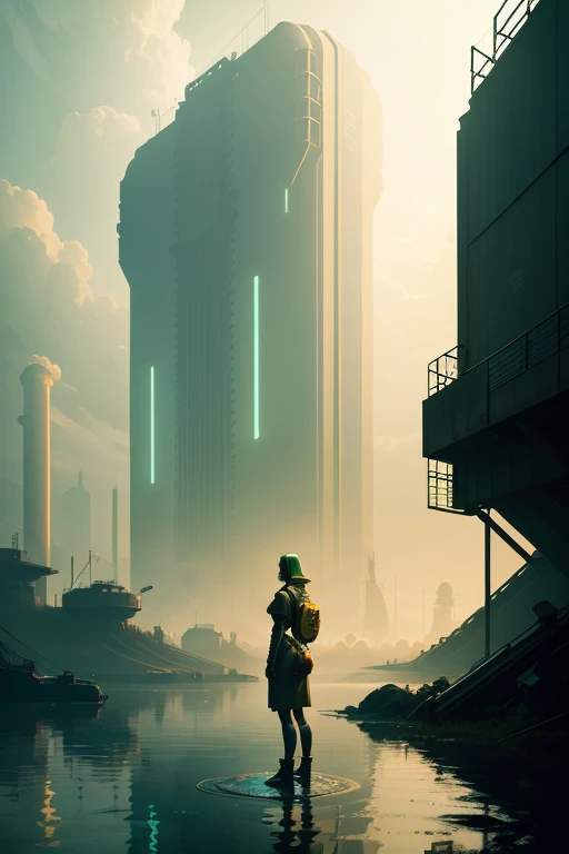 a woman standing in the middle of a body of water, cyberpunk art, inspired by Michael Whelan, retrofuturism, with a yellow green smog sky, stalenhag style, woman in a dark factory, atey ghailan and mike mignola

