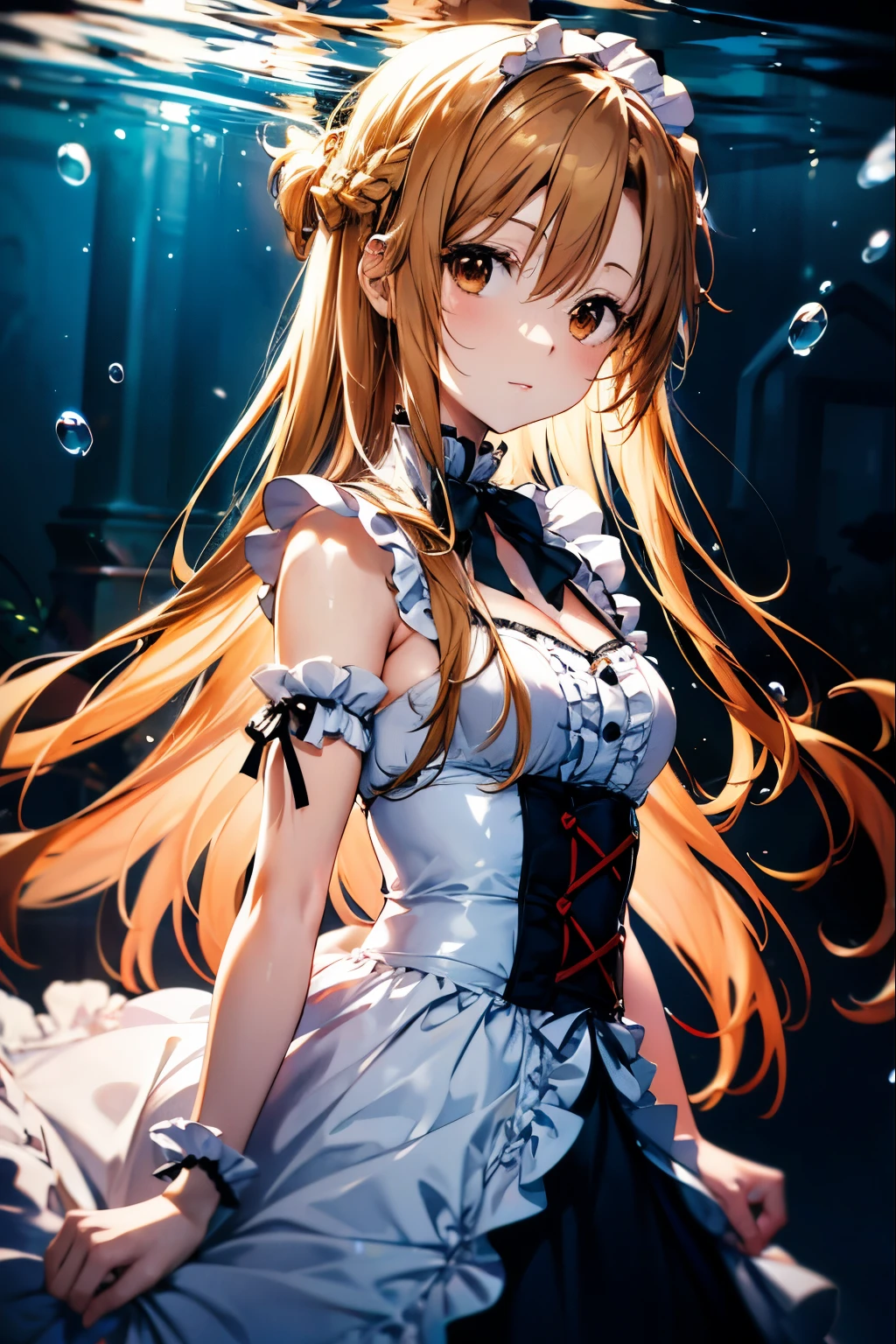 Asuna、Anime girl with brown hair and brown eyes on underwater background、laughter、underwater hair physics,Air bubbles,Light coming in from the water,Reflective plate,Put in water,Split layer of water,beauty、victorian maid costume cosplay:1.3,mini skirt、frills、gothic lolita clothes、asuna yuuki, Highly detailed CG Unity 8K wallpaper, [3D images:1.15],charming eyes、[[fine eyes、colorful eyes、shining eyes:1.15]],Asuna