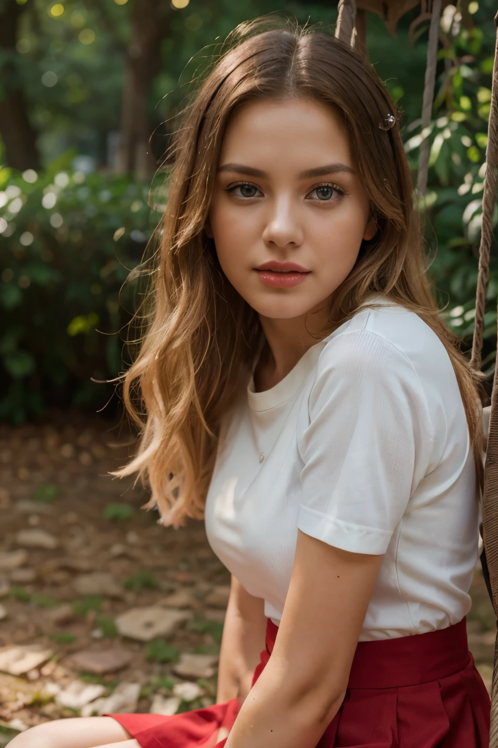 a picture taken from a distance while sitting on a swing beautiful photo of a 19 year model like blonde with mouth wide open , long nails in red color, looking at the camera , red skirt , white shirt , red lips , intricate, Exquisite details and textures, highly detailed, ultra detailed photograph, warm lighting, 4k, sharp focus, high resolution, detailed skin, detailed eyes, 8k uhd, dslr, high quality, film grain, Fujifilm XT3