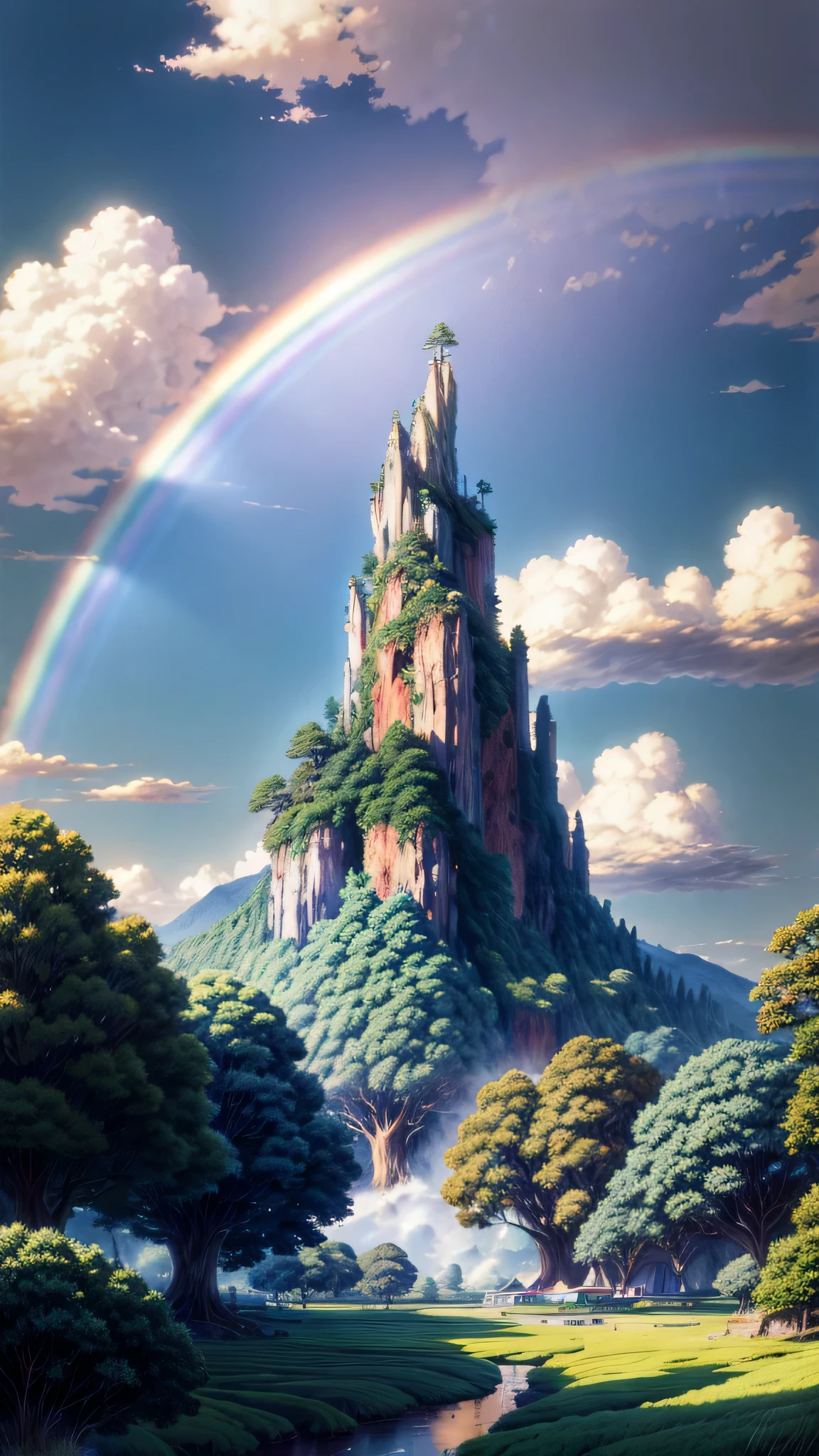 rainbow in the sky, highest quality, beautiful lighting, Highly detailed CG 8k wallpaper, high detail, sharp focus, 8K UHD, landscape, Studio Ghibliの環境, gibli mebius, studio ghibli landscape, ghibli art style, ghibli studio art,  Studio Ghibli, ghibli art style, Anime background art, アニメのlandscape,