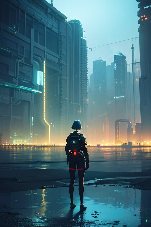 a woman standing in the middle of a body of water, cyberpunk art, inspired by Michael Whelan, retrofuturism, with a yellow green smog sky, stalenhag style, woman in a dark factory, atey ghailan and mike mignola
