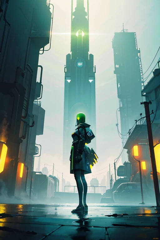 a woman standing in the middle of a body of water, cyberpunk art, inspired by Michael Whelan, retrofuturism, with a yellow green smog sky, stalenhag style, woman in a dark factory, atey ghailan and mike mignola