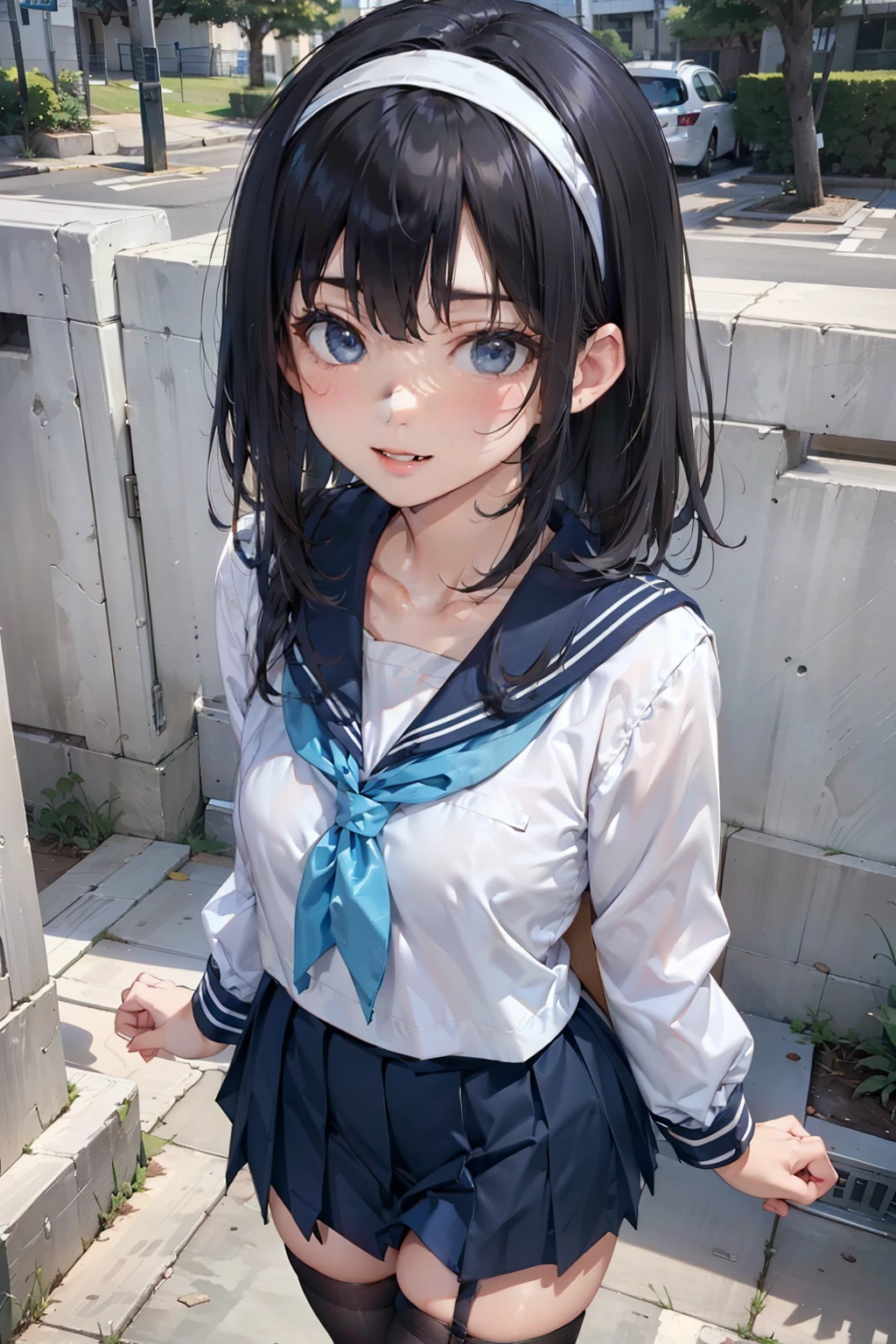 sailor suit, one woman, (a beauty woman, delicate :1.3), black hair, semi straight hair, Bangs Patsun, 8K, highest quality, masterpiece, Super detailed, ultra high resolution, realistic, RAW photo, absolute resolution, small face compared to body (5:1), very small face (5:1), The face is balanced, black hair, sailor suit, Dark blue skirt, realistic女子高生, ((white headband)), small breasts, tall, slanted eyes, light blue eyes, (In front of the school gate), (black stockings), open your mouth, smile, position looking down from above, stand, hold a bag with both hands, 