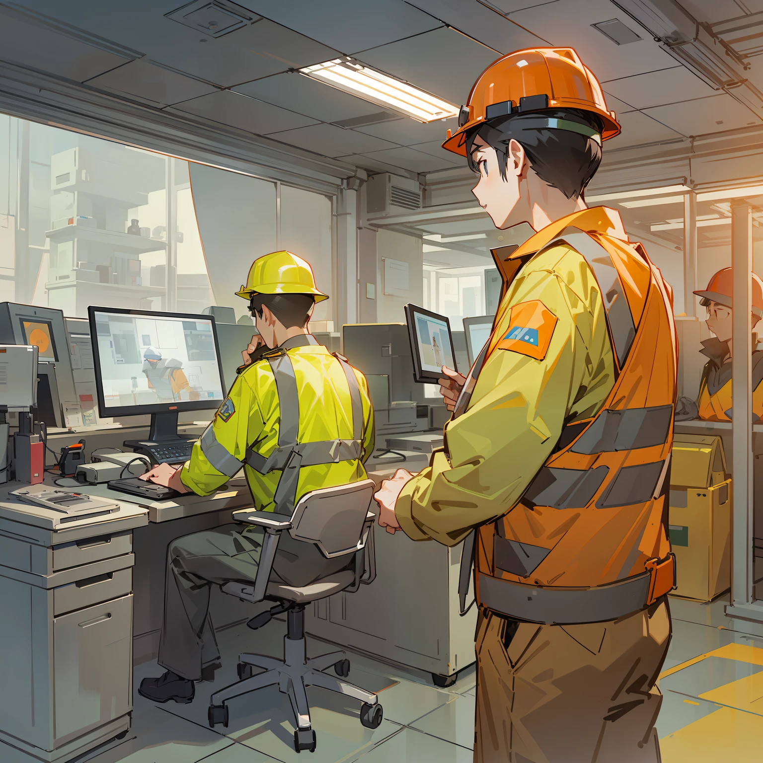 On-site monitoring room,One was wearing a red hard hat,A man wearing a reflective vest is checking the surveillance。Illustration style。