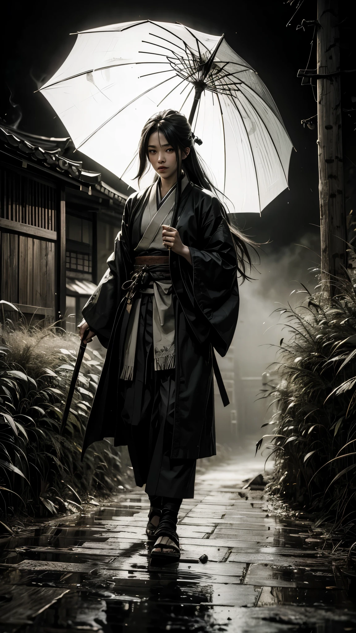 black and white Samurai girl holding a big umbrella,smoking a cigarrete with a bunch of black shadows behinds him,long hair,fog,wind,night,highnoon,bamboo,grass on the ground,mud on the ground,film grain,black and white,traditional japanese art,oriental,cinematic,sekiro,ghost of tsushima,handmade,art nouveau,detailed