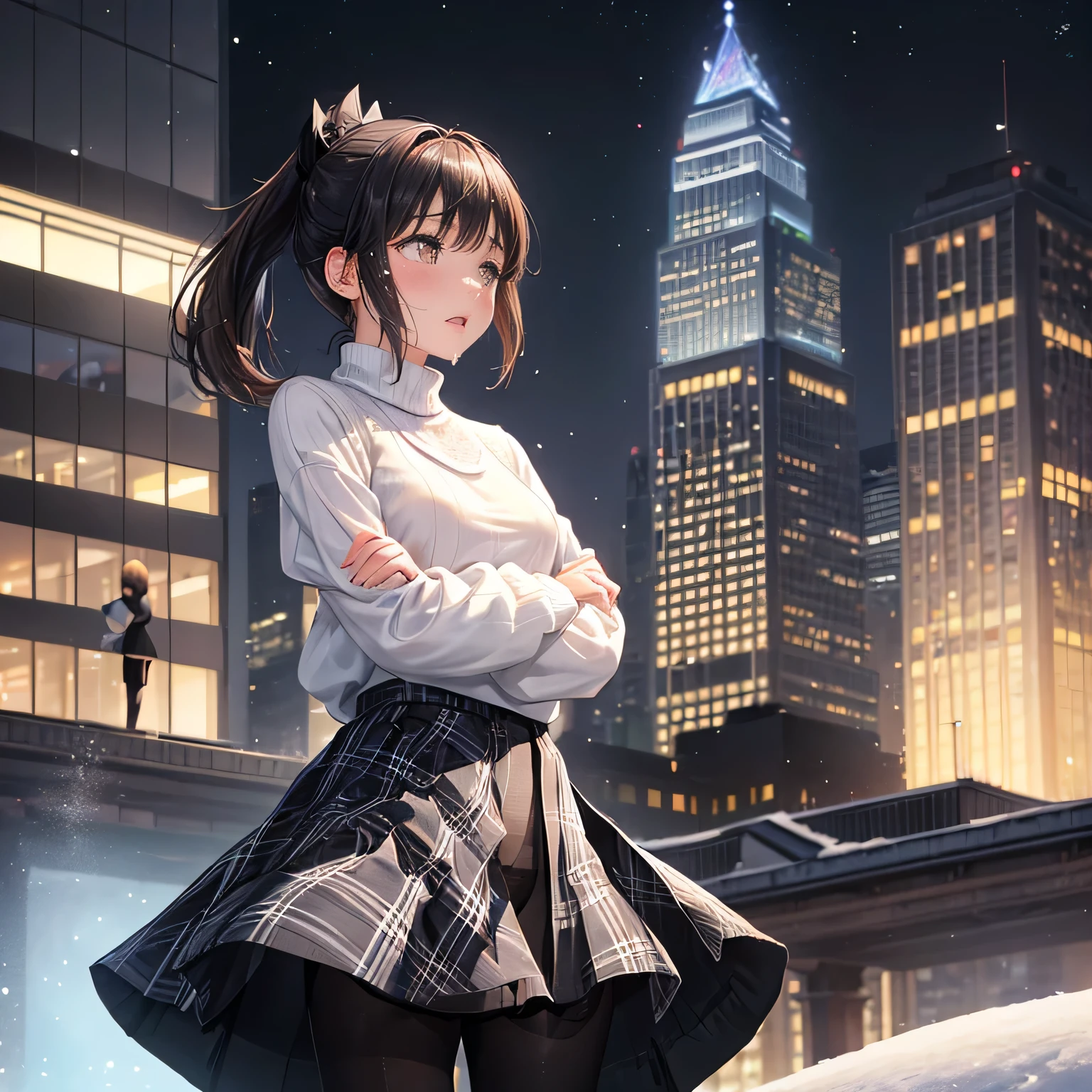 1girl, ((girl)) 、1 person、small face、 ((雪のnight)) 、night、in the city、Skyscraper,20-year-old、 (cry:1.5) 、white sweater、((plaid skirt)) 、((black pantyhose:1.5)) 、Brown snow boots, (princess cut), (bob cut)、(medium hair)、(ponytail:1.5) 、brown hair 、standing pose、