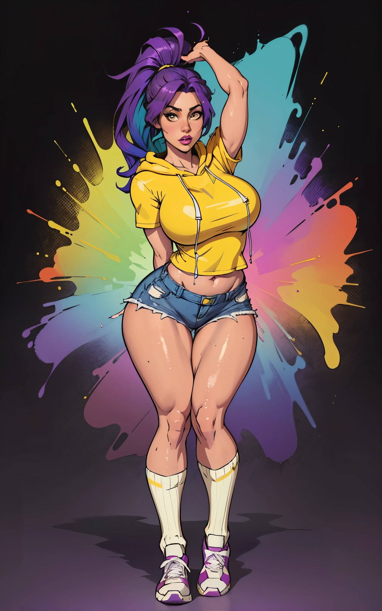 masterpiece, best quality, 1girl, purple hair, ponytail, yellow hoodie, short shorts, loose socks, sneakers, seiza, looking at viewer, large breasts, shiny skin, abstract background, vivid colors, paint splashes, rainbow theme