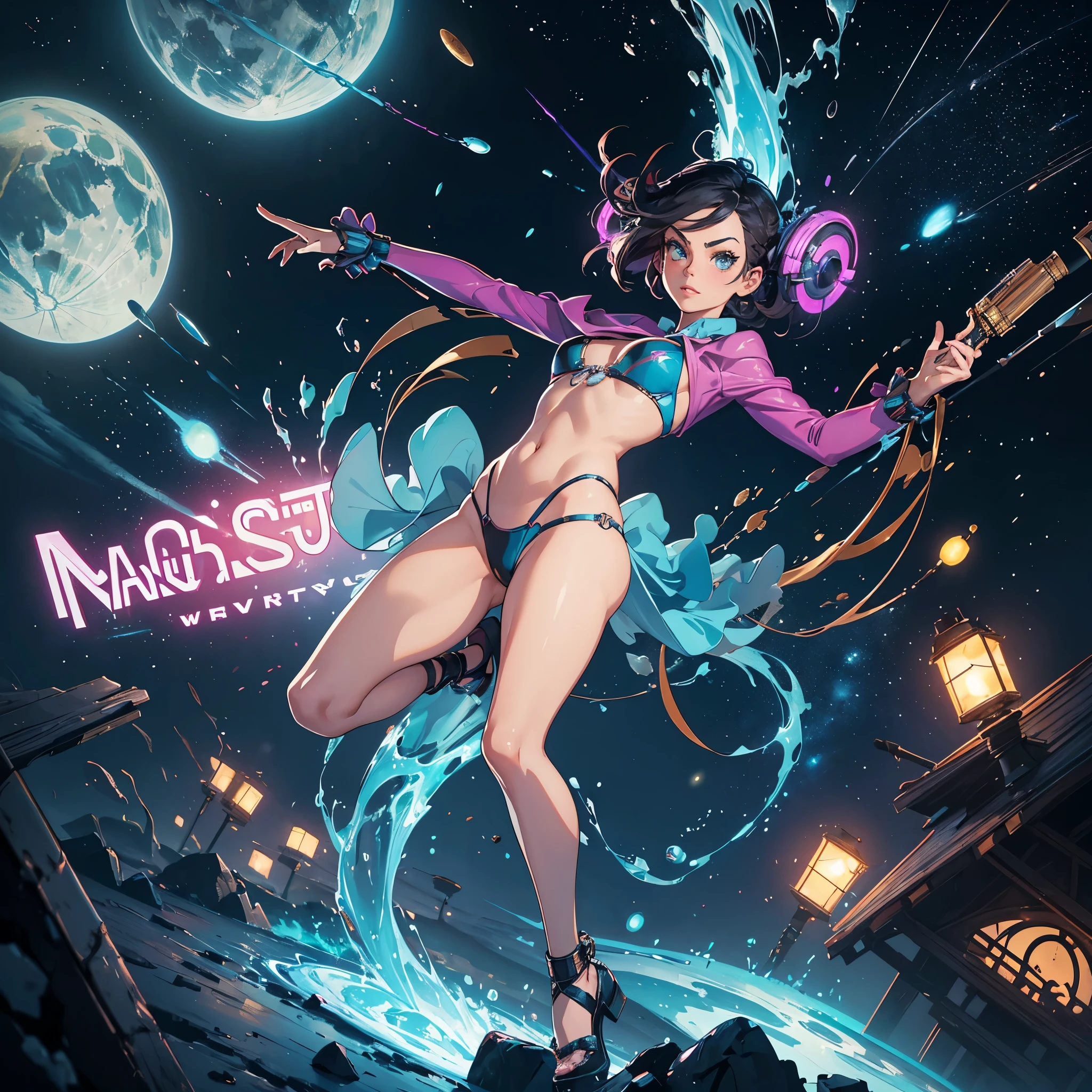 (overarching theme: (sci fi movie|1920s Flapper undertones| 1920s Charleston Dance Style)),(multiple subjects)(complex details)(a very high quality,4k,8k,highres,masterpiece:1.2), ultra-detailed, realistic, photorealistic:1.37, HDR, UHD, studio lighting, extreme detail description, professional, vivid colors, bokeh, best quality,realistic,higres,masterpiece:1.2), An Attractive Woman (Mila Kunis(age 25),(hair dyed bright color)|alien), a secret society of shapeshifting humans [scifi|fantasy], lovely inhuman eyes, wearing Princess Leia's iconic bikini, she is dancing for Han Solo in a Pleasure Bar, many aliens sit at tables, safe for work, no nudity, show her entire body, full body picture head to toe, make the men go wild, wiggle jiggle, seductive pose, magic, power of love, breathtaking, enticing, full body, entire body, show her from head to toe, show her entire body, safe for work, pasties, no nudity, lust, seductive, double check anatomy, proper anatomy